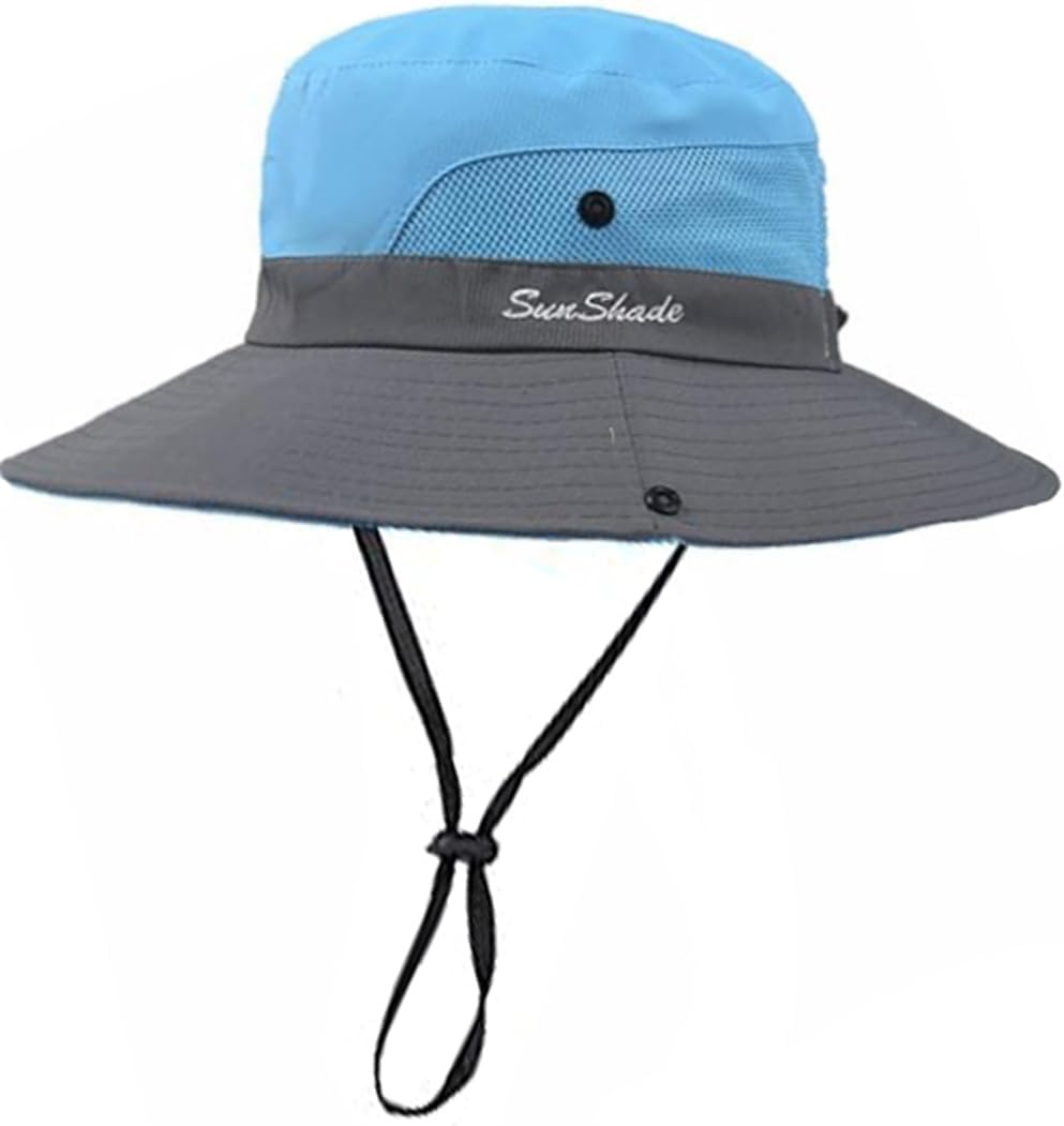 Womens-Summer-Sun-Hat Outdoor Breathable-Uv-Protection-Fishing-Hat Wide Brim Foldable-Beach-Bucket-Hat with Ponytail-Hole