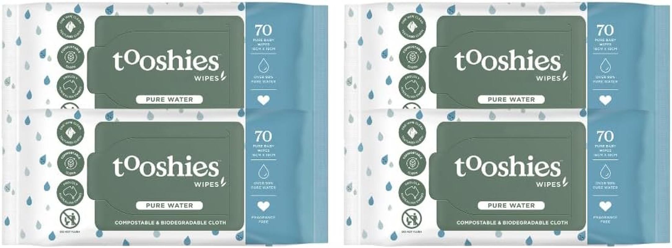 Tooshies Wipes | Pure Water Wipes | 100% Plastic Free | Biodegradable | Fragrance Free | 4 X 70Pk (280 Wipes) image number 3