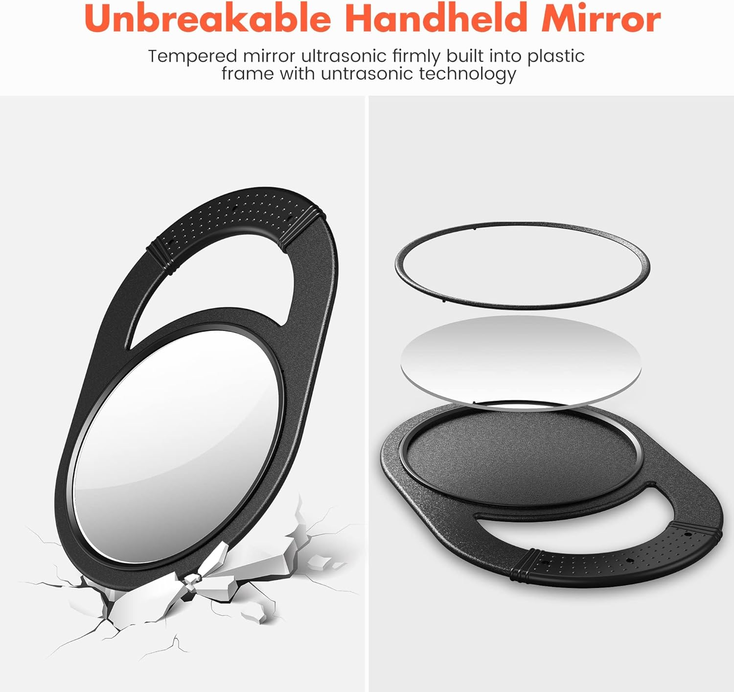 TASALON Unbreakable Hand Mirror, Hand Mirrors with Handle, Salon, Barber Mirror for Hair, Anti-Slip Hand Held with Rubber Grip for Travel, Makeup, Shaving, Shower, Camping - Black image number 5