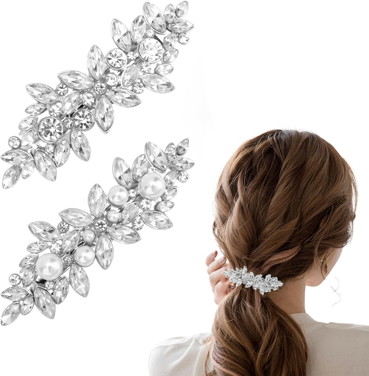 Rhinestone Pearl Hair Clips,3Pcs Antique Crystal Barrette Silver Flower Leafy Pins Elegant Jewelry Hair Decorations Accessories Head Pieces for Women Bridal Wedding Party Gift