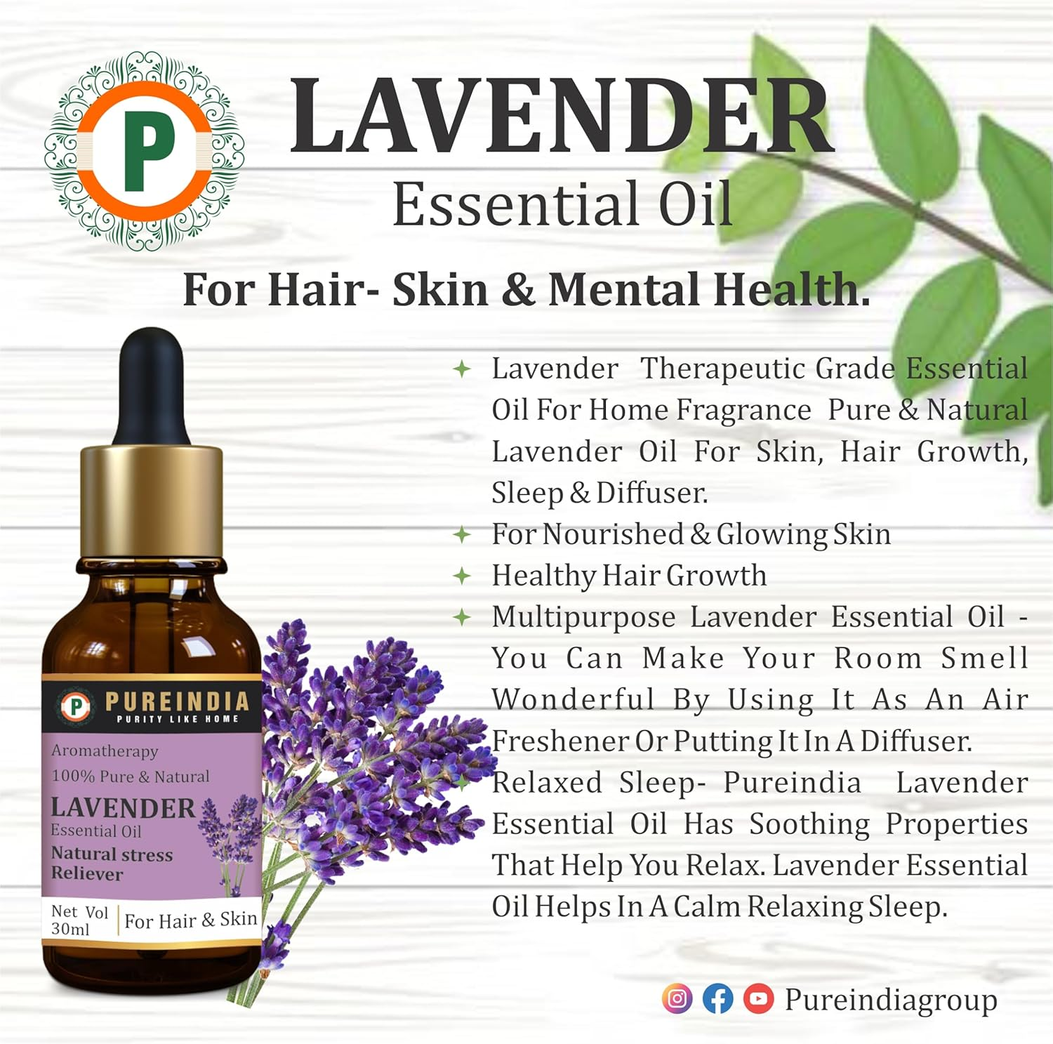 Pureindia Combo Rose & Lavender Essential Oil for Hair Growth, Hair Fall Control and Nourishment, Skin Care, 100% Pure, Natural, Undiluted | 30Ml image number 2