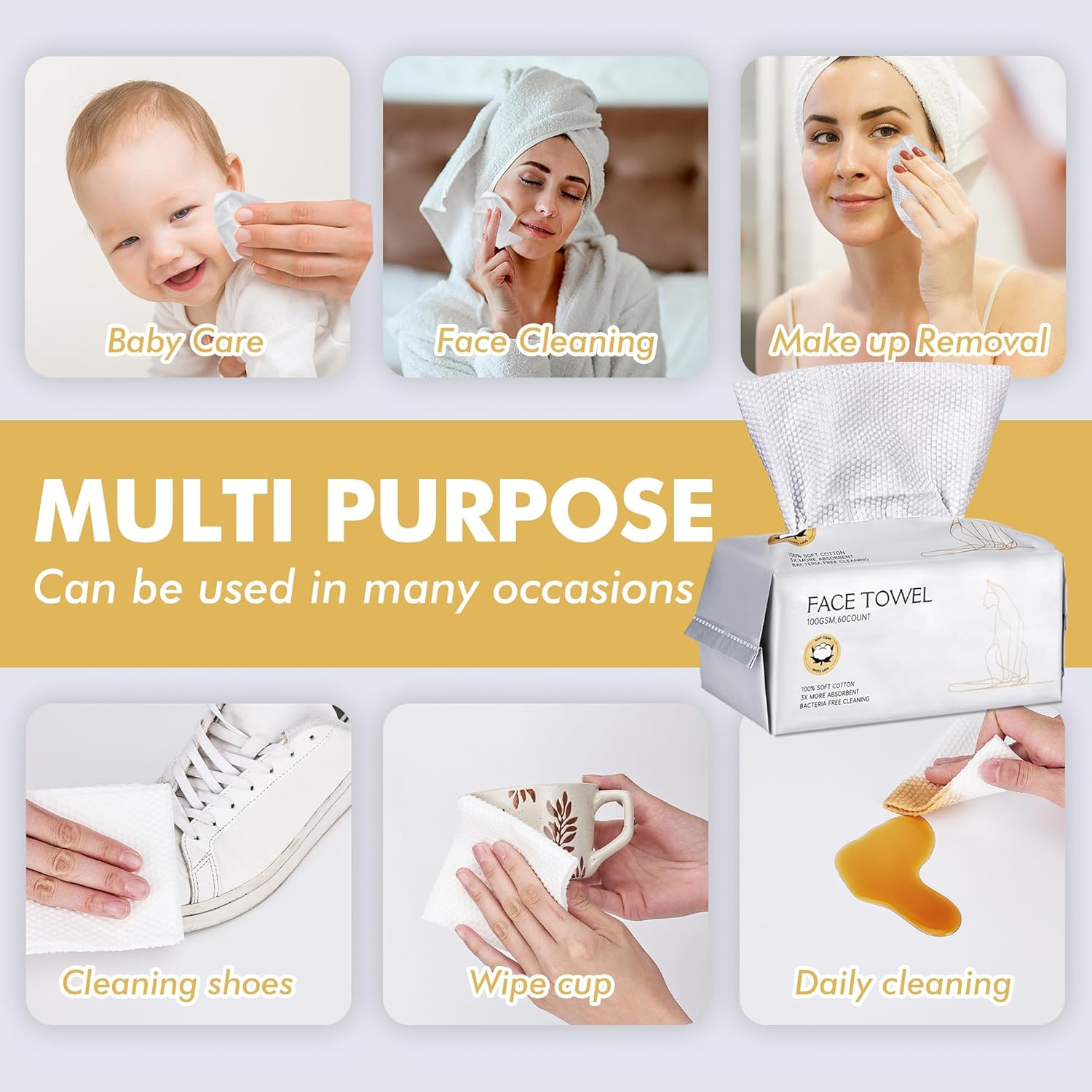 SOCRATES Premium Disposable Face Towels &ndash; 100% Cotton, 100GSM &ndash; 60 Count | Ultra Thick & Soft, Dual-Sided Textured & Smooth | Facial Towel, Makeup Removal, Baby Wipes &ndash; Dry & Wet Clean image number 6