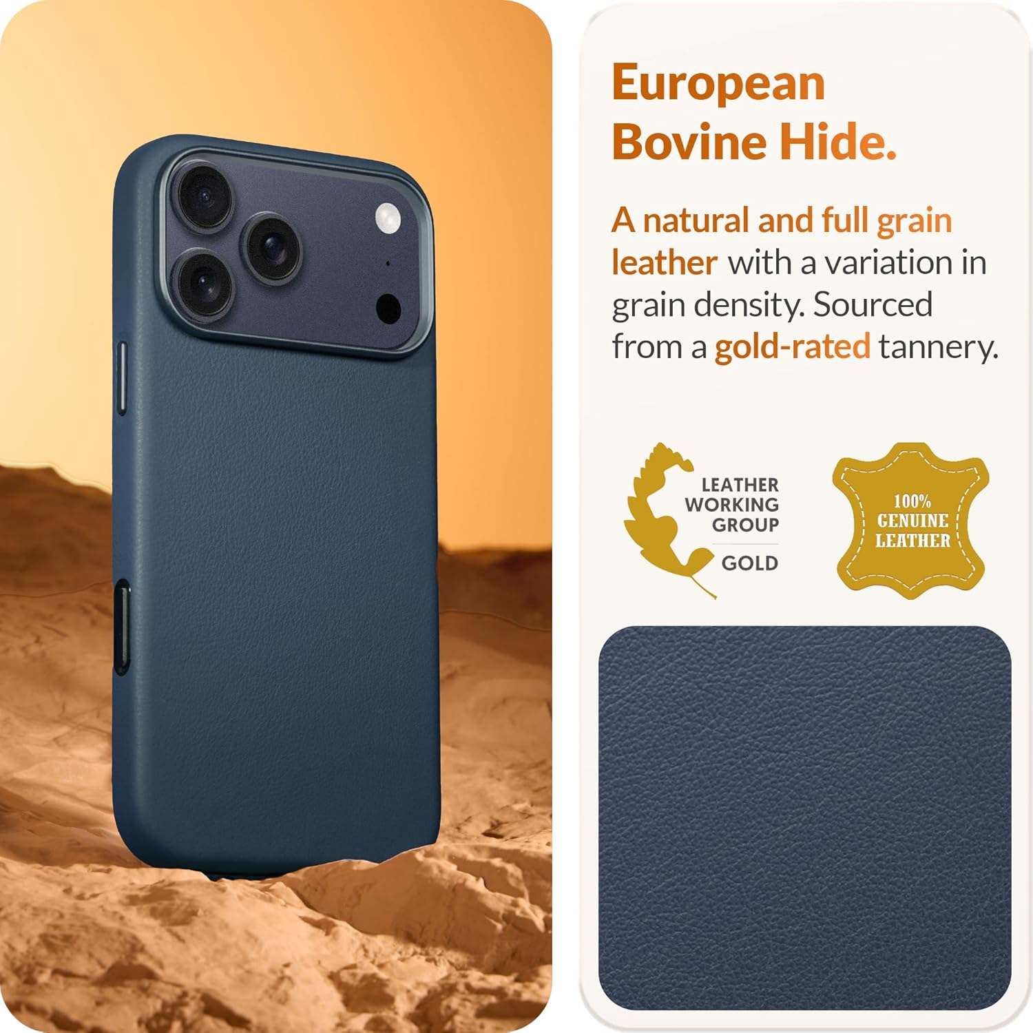 LONLI Classic | Gold-Rated Leather - European Genuine Vele Leather Case for Iphone 17 Pro - [Built-In Camera Control and Compatible with Magsafe] - Azzurro Blue image number 2