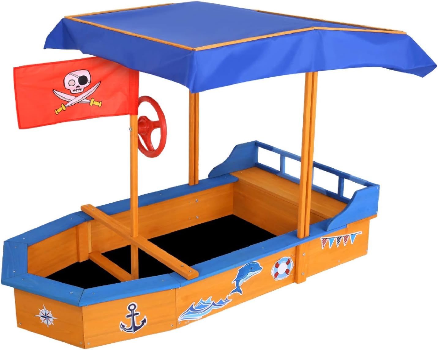 Keezi Kids Sandpit, Wooden Water Table Sand Pit Play Toys Sandcastle Garden Patio Beach Activity Outdoor Toy Games, with Canopy Ground Sheet Steering Wheel Multi-Coloured image number 6