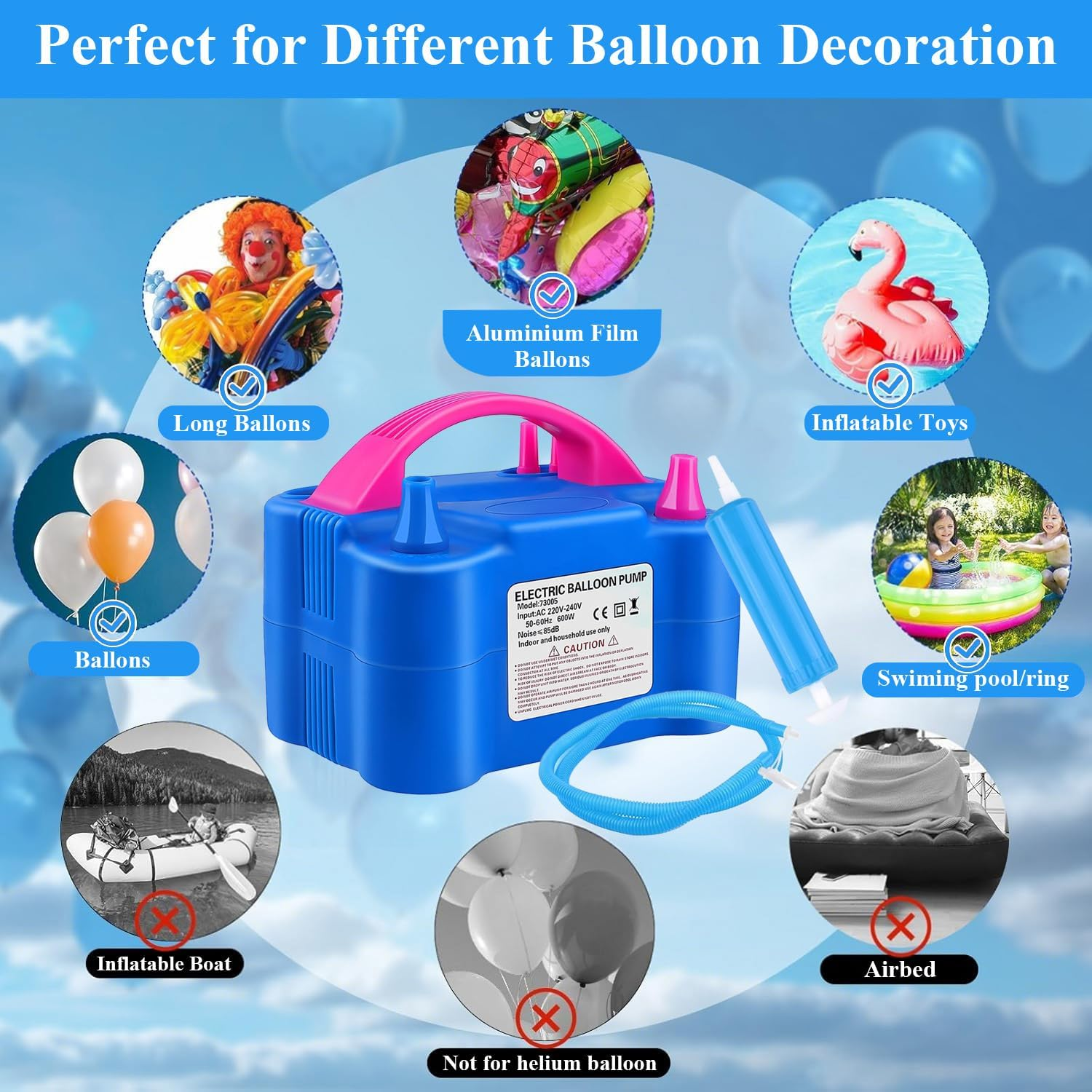 NOAEOU Electric Balloon Pump, Dual Nozzle 220V-240V 600W Balloon Inflator Portable Air Pump Balloon Blower with Tying Tool for Party Decorations image number 4