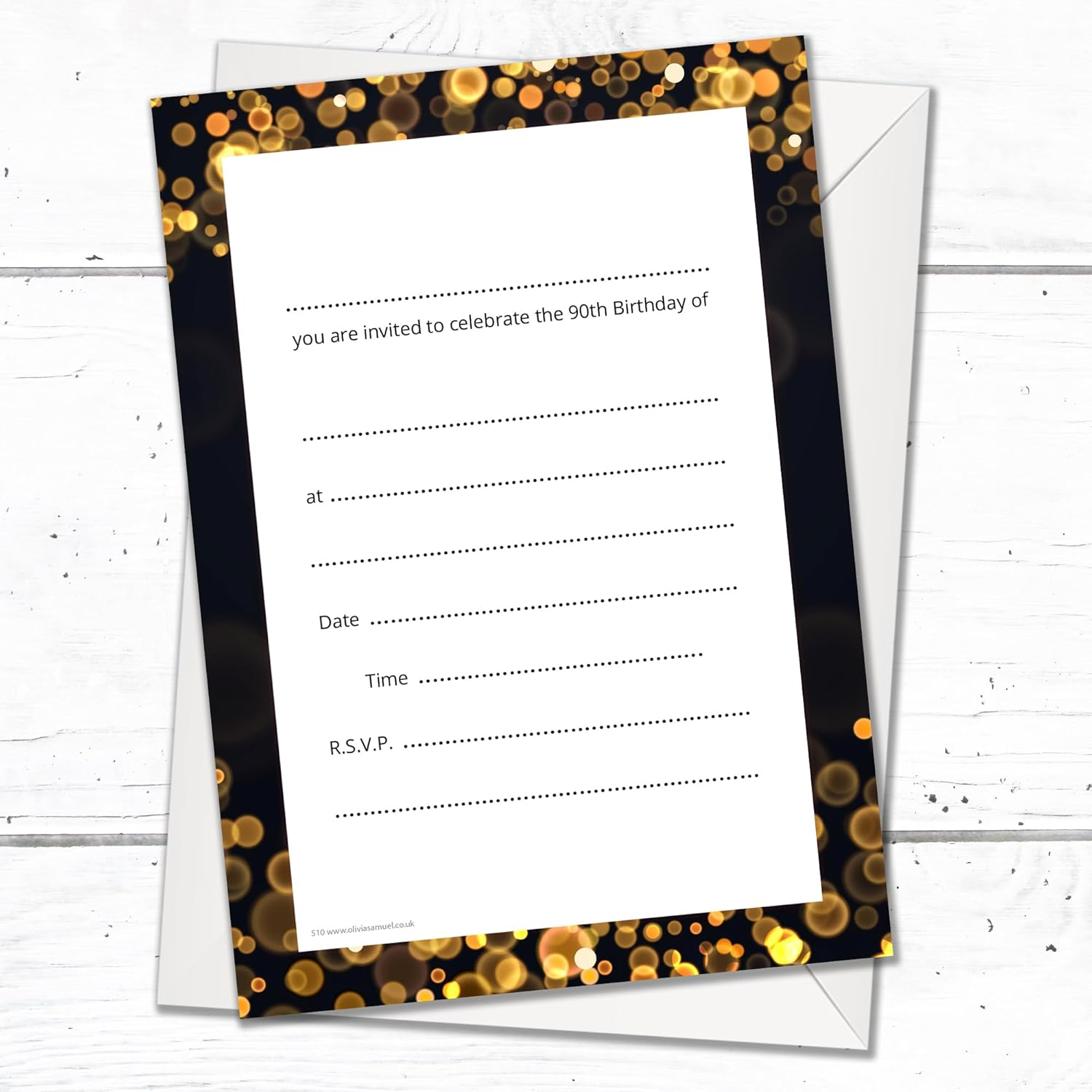 Olivia Samuel 20 X 90Th Birthday Party Invitations with Envelopes - Ready to Write - Black and Gold Effect - Designed and Printed in the UK image number 2