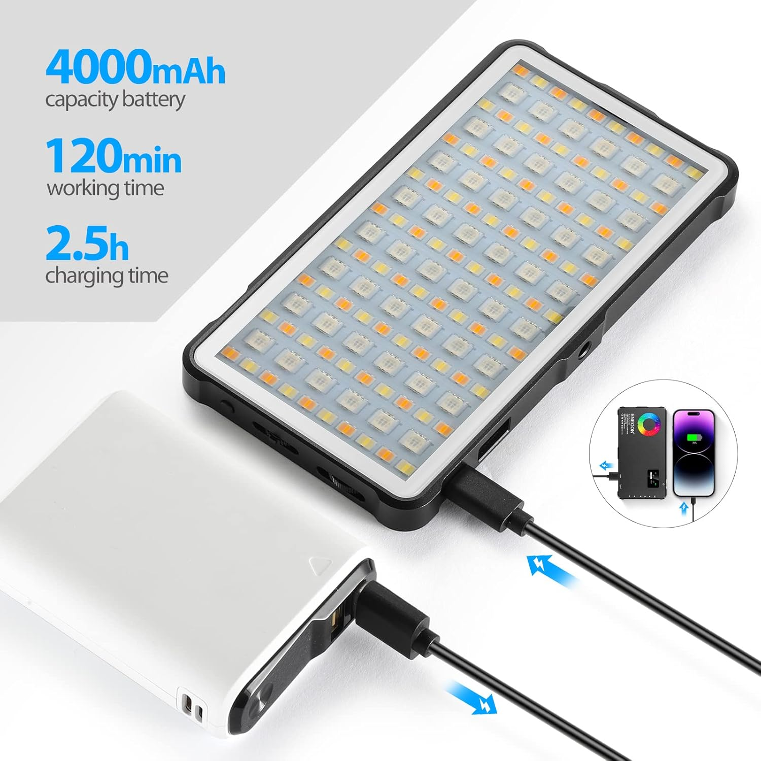 ENEGON RGB Video Light, 4000Mah Rechargeable Battery, Built-In LED Camera Light, Full Color, 24 Frequent Light Effects, CRI&ge;95 2500-9000K LED Video Light image number 2