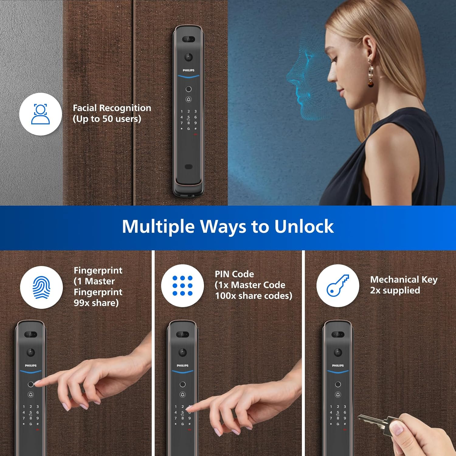 Philips Easykey Smart 3D Facial Recognition & Video Intercom Door Lock - Smart Door Lock Australia, Fingerprint Lock, Smart Home, Home Improvement, Keyless Door Lock, Door Safety Lock- Copper - Copper image number 4