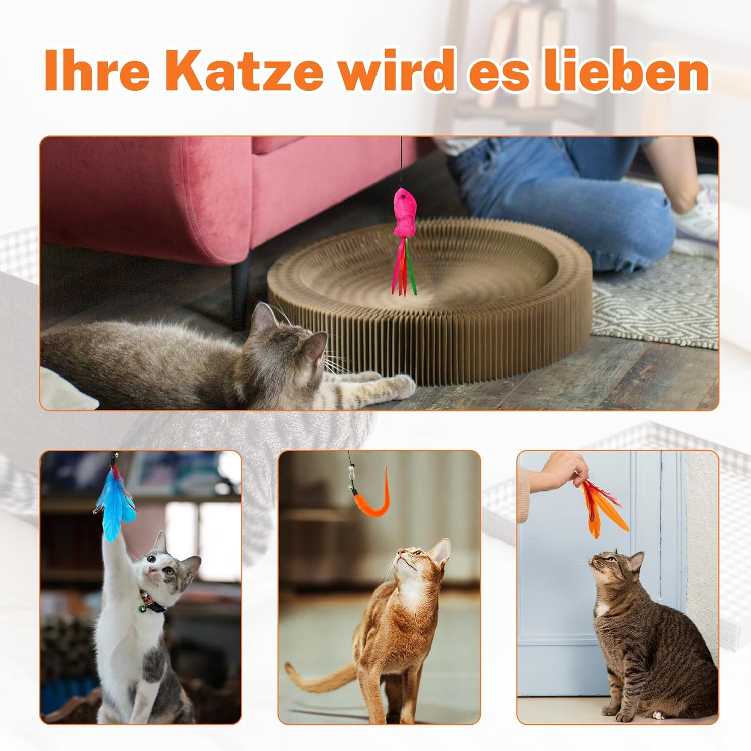 Toozey Cat Toy 12 Pieces, Cat Fishing Rod with 2 Pieces Retractable 10 Cat Toy Replacement Feathers, Cat Toy Self-Employment with Feather/Bug/Fish Bell, Interactive Cat Toy Set image number 3