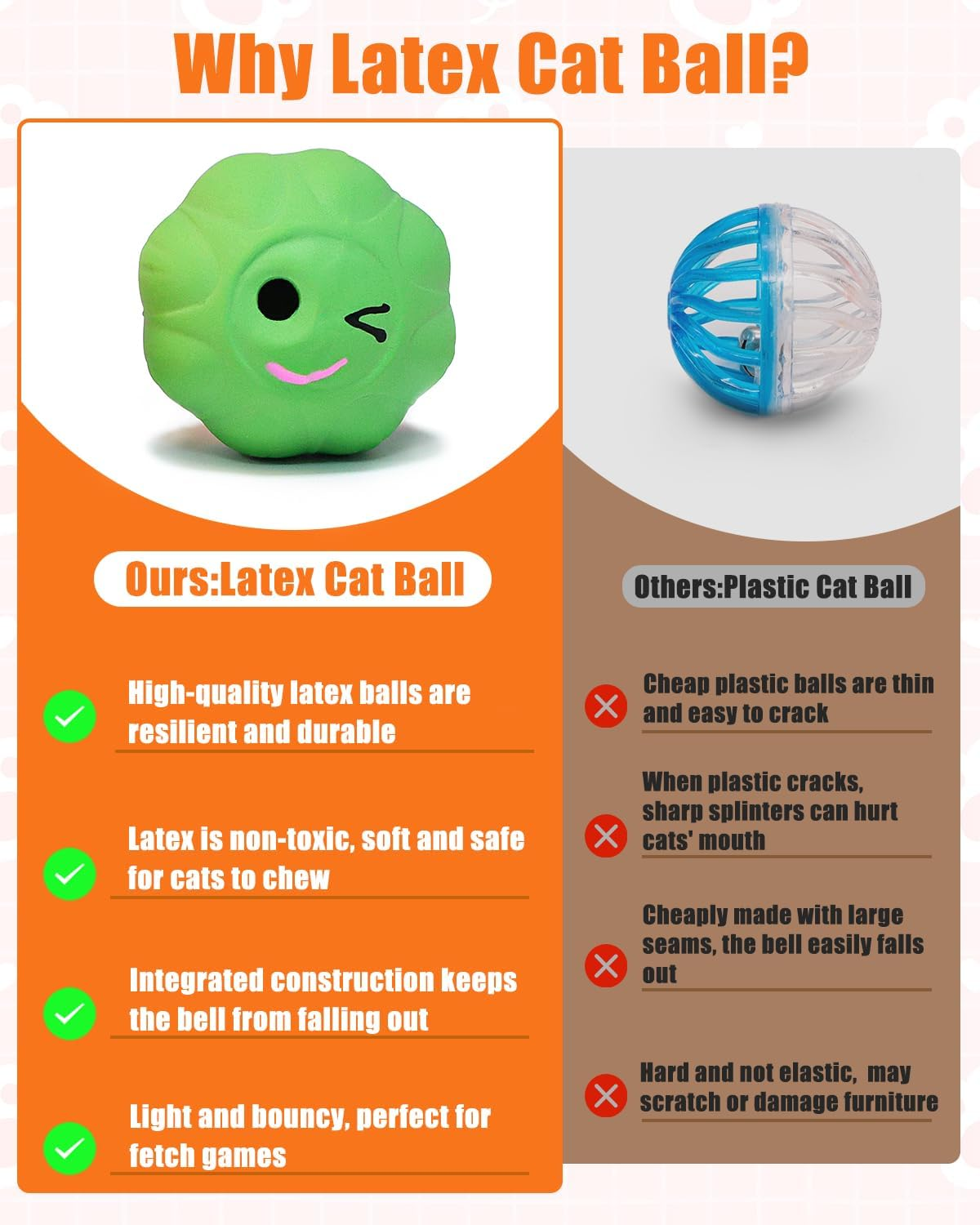 Krauzpet Cat Ball Toys with Bell and Catnip, 2&rdquo; Bouncing Latex Rubber Pet Chew Toy Kitty Fetch Play Balls for Bored Indoor Adult Cats Kitten Puppy Small Dogs image number 3