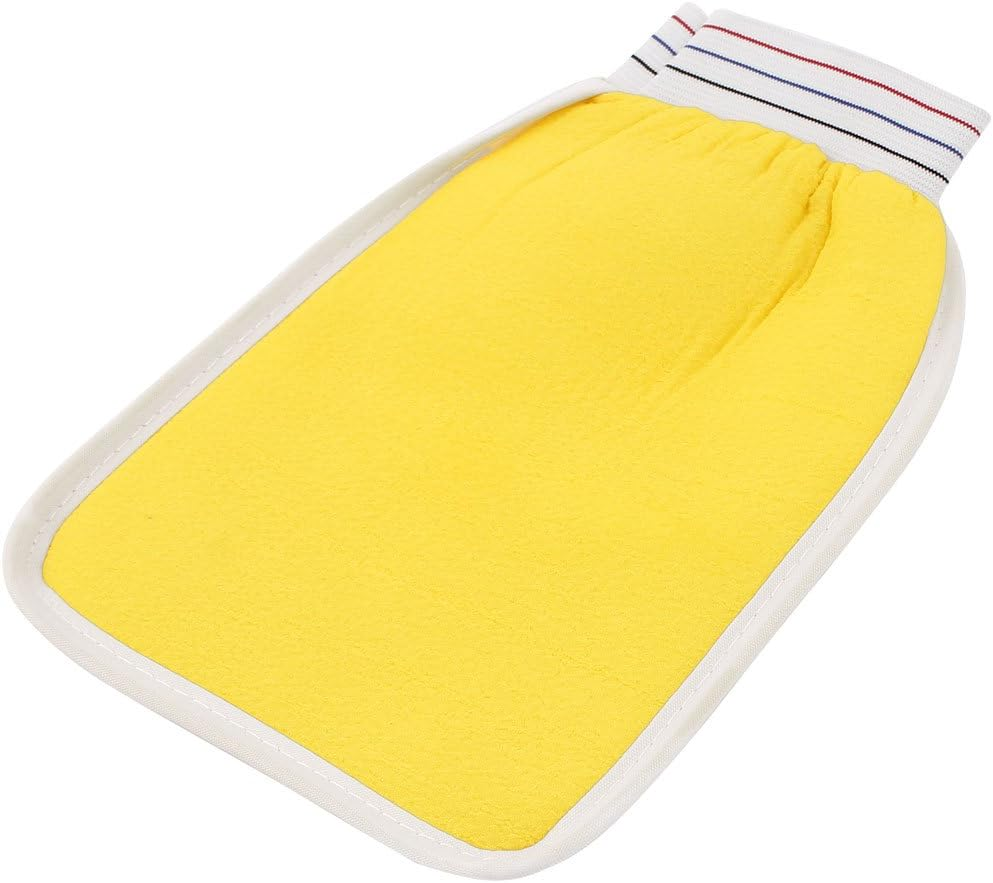 Ruilogod Elastic Cuff Double Side Shower Bath Massage Glove Scrubber Yellow image number 1