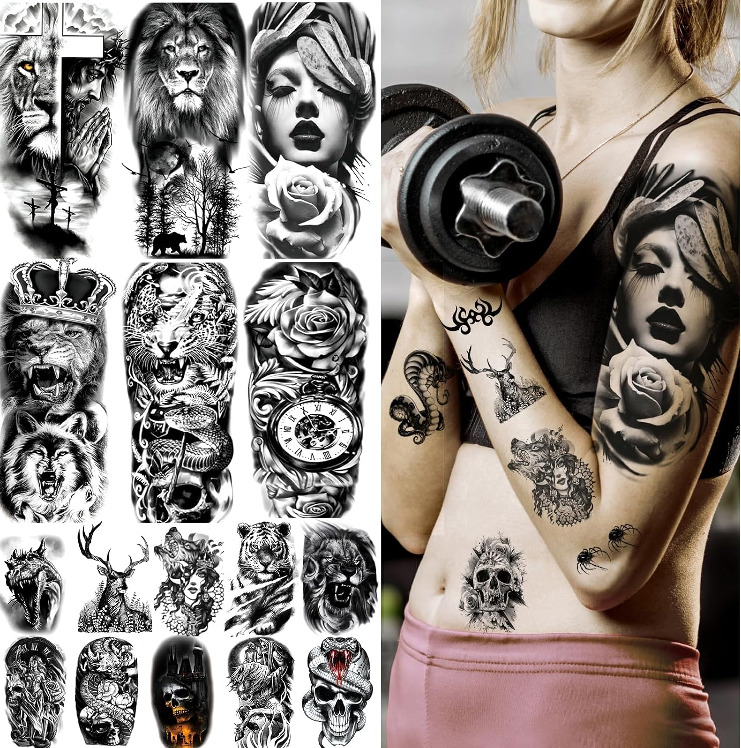 JEEFONNA 82 Sheets Temporary Tattoo for Men Women Adults, Include 12 Sheets Black 3D Half Sleeve Temporary Tattoos, Halloween Tattoos Scary Lion Wolf Tiger Skull Skeleton Tattoos Stickers image number 4