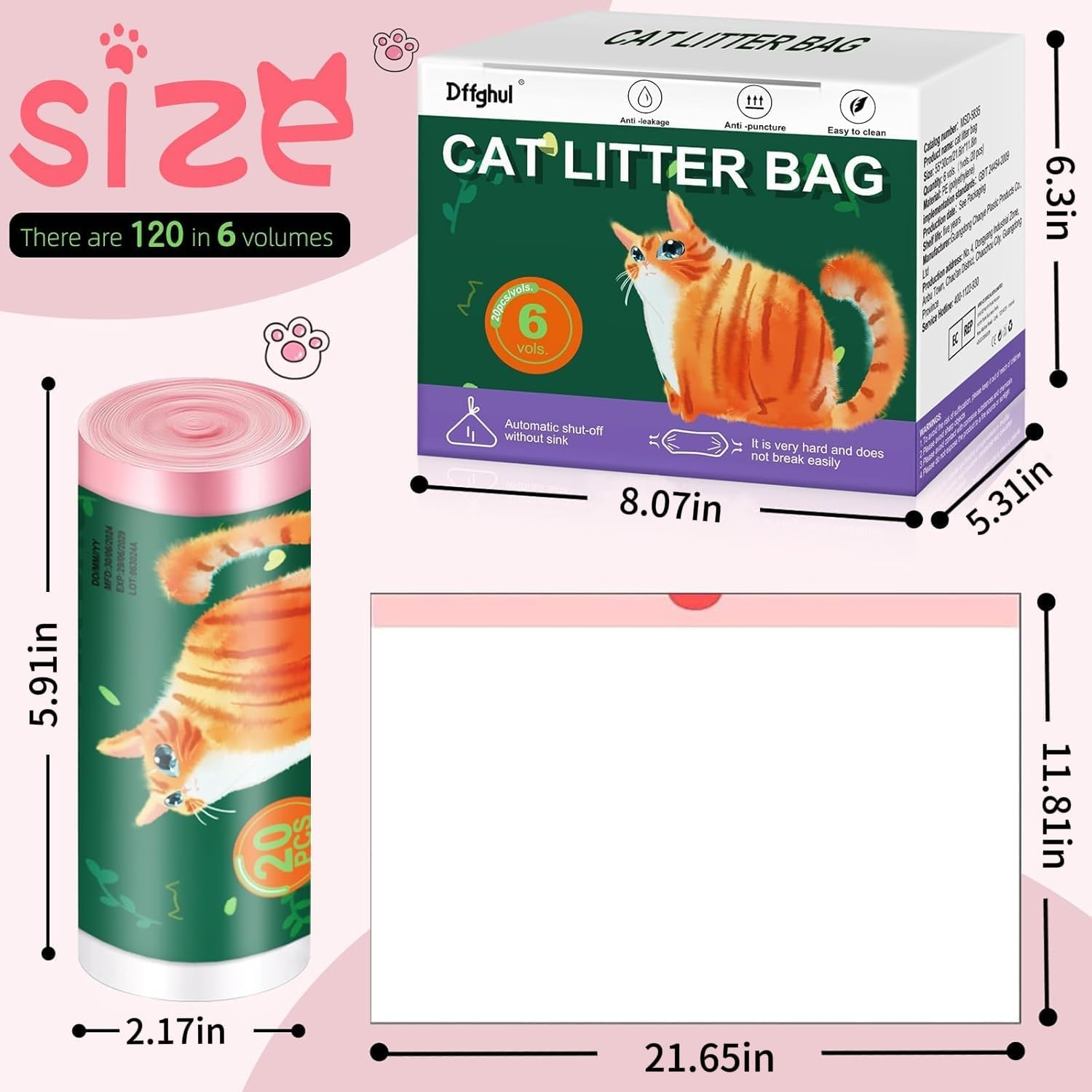 Cat Litter Box Liners, 120 Pack Kitty Bags, 21.6"X11.8" Unscented Drawstring Thick Disposable Litter Box Bags, Leak Proof for Litter Box image number 5