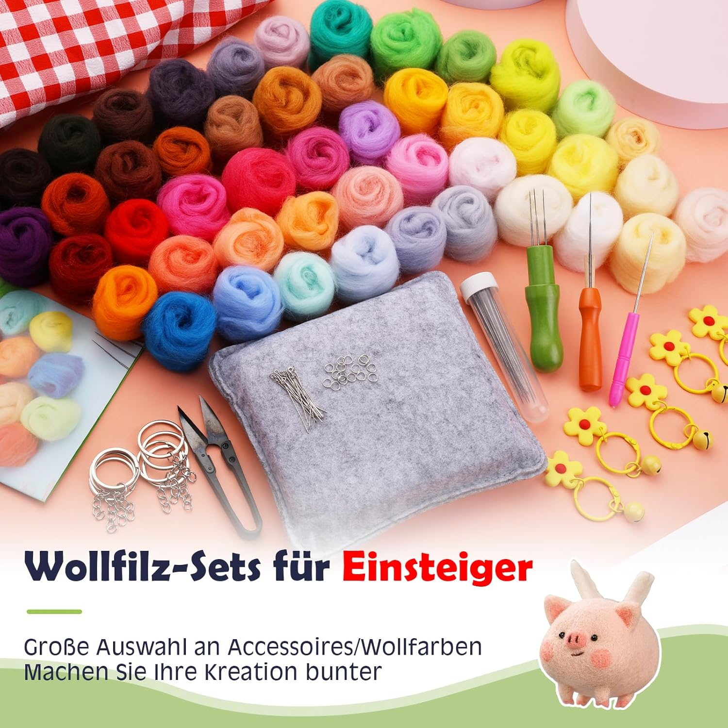 Wamkon Needle Felting Set Felting Needles for Dry Felting Consisting of 48 Colours, Felting Set for Beginners with Tools as Well as a Storage Box and Instructions for Beginners in Crafts