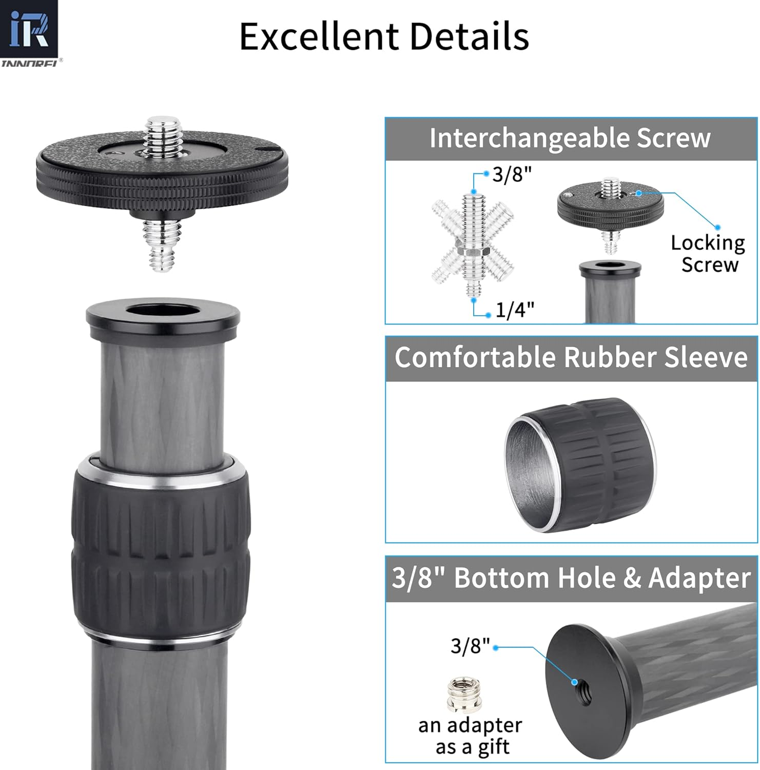 Tripod Extension-Innorel ER322C 41Cm Universal Carbon Fiber Tripod Center Column Load 25Kg Two-Section Mid-Column Extension Rod Pole for Tripod Monopod DSLR Camera 32.5Mm Tube image number 2