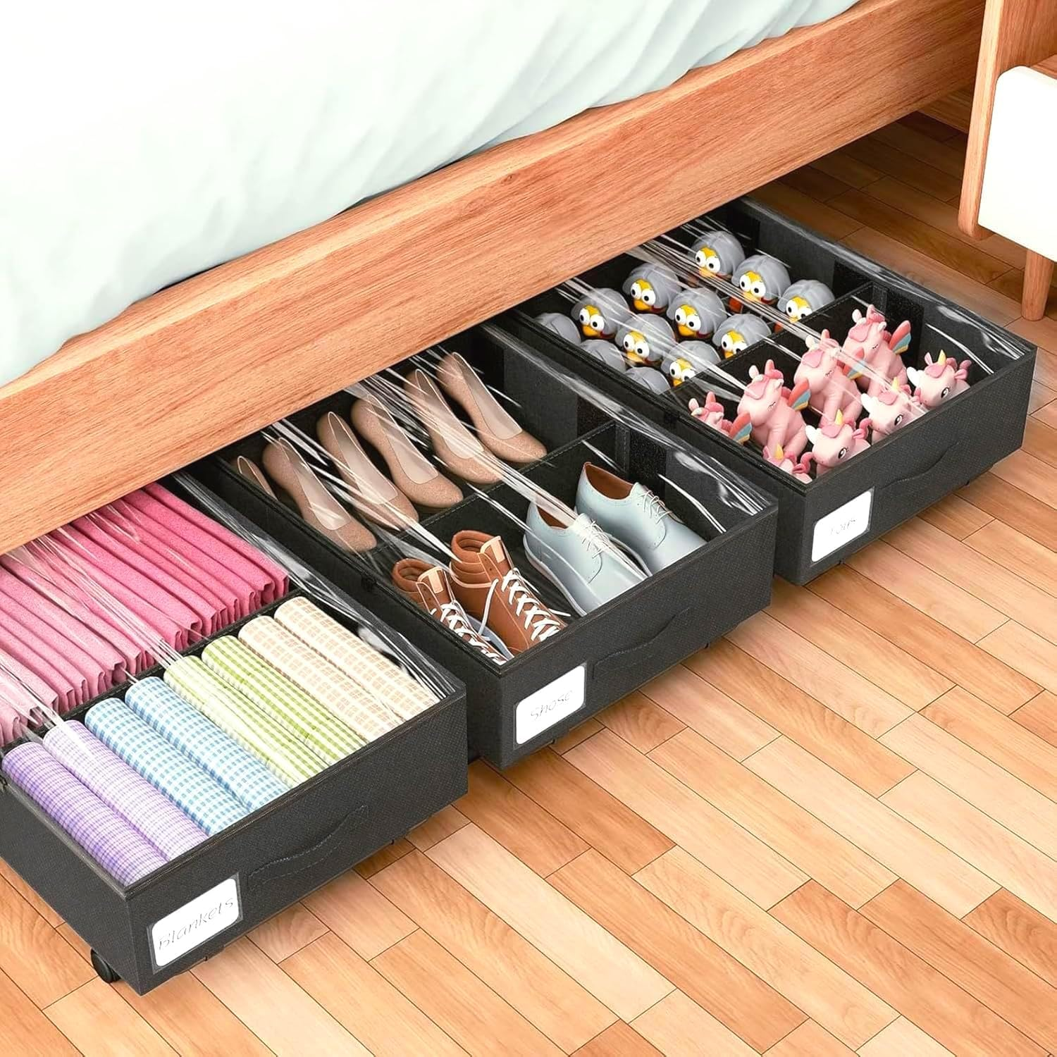 Under Bed Storage Containers with Dividers & Clear Lids, under Bed Storage with Wheels,Which Can Hold Clothes, Shoes, Toys (Black) - Grey image number 3