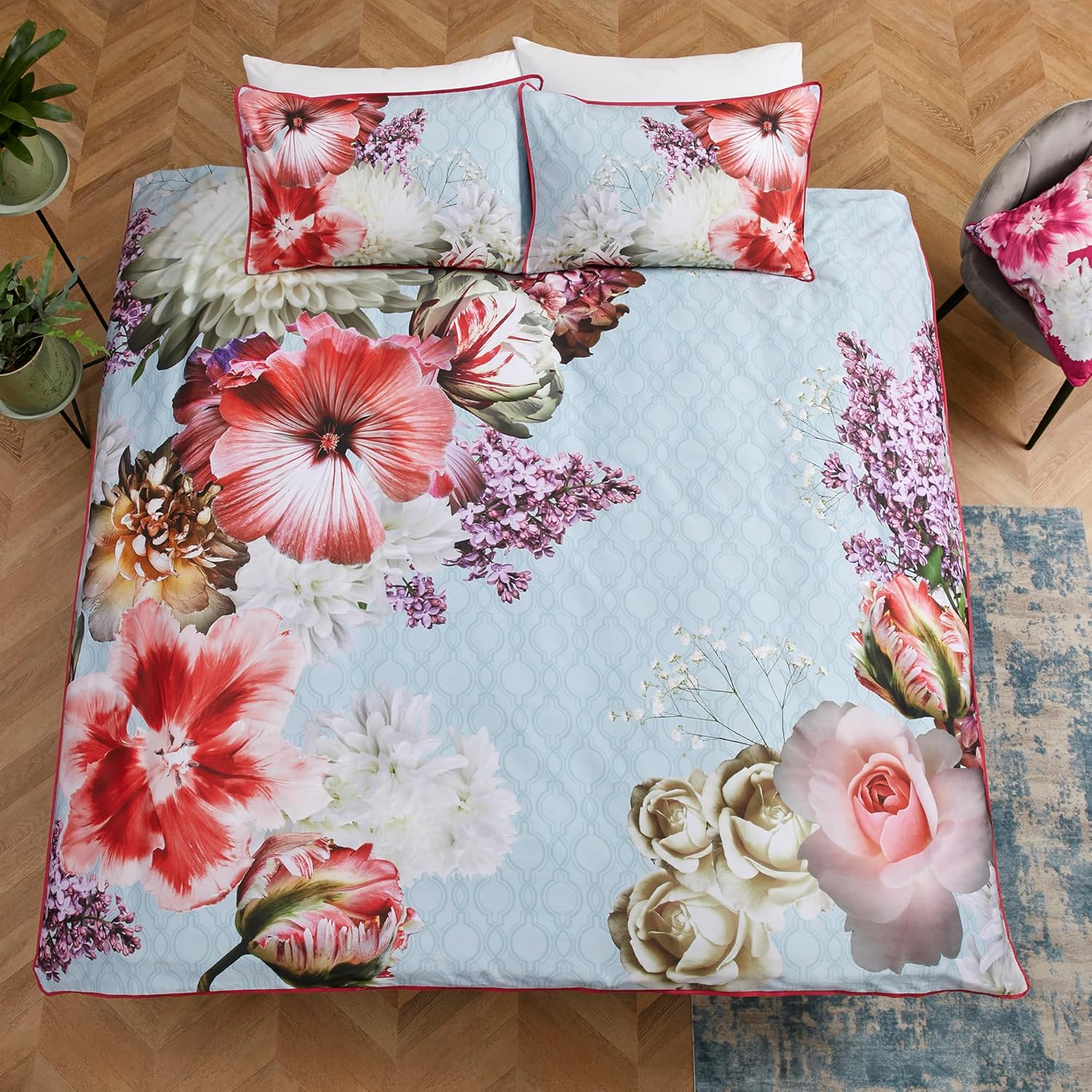 Laurence Llewelyn-Bowen - Blue Duvet Cover Sets - King Bedding Size (220 X 230Cm) - Red Floral Flower Print - Luxury Beddings Cover - 100% Cotton - Mayfair Lady Collection image number 4