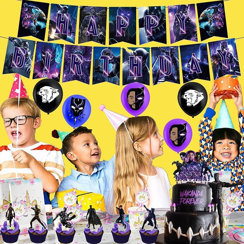 Dinoeye Black Panther Birthday Party Supplies: 18Pcs Balloons, 13Pcs Cake Decorations, 1Pc Banner image number 5