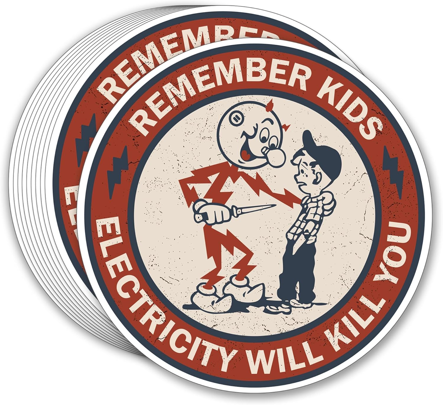 GRITKULTURE Remember Kids Electricity Will Kill You Decal Stickers 10 Pack 2.95 Inch Safety Warning for Hard Hat, Blue Collar, Car, Truck, Window, Reddy Kilowatt, Outlets image number 2