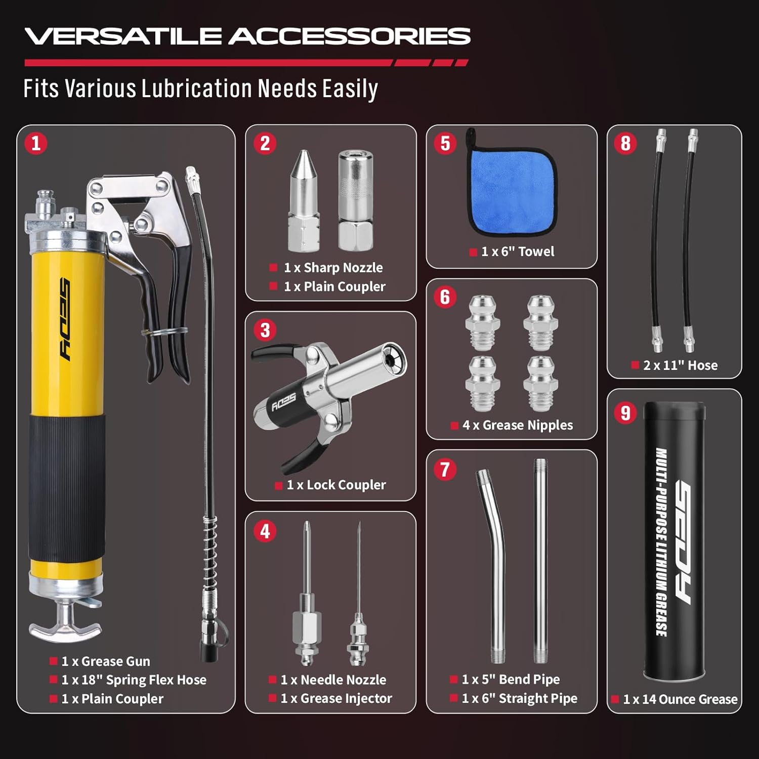 SEDY 17-Piece Heavy Duty Grease Gun Kit: 8000 PSI with 14Oz Grease Cartridge Flexible Hose Pistol Grip Marine Durable Connectors Adapters Extension Tubes Nozzle Easy Operation image number 5