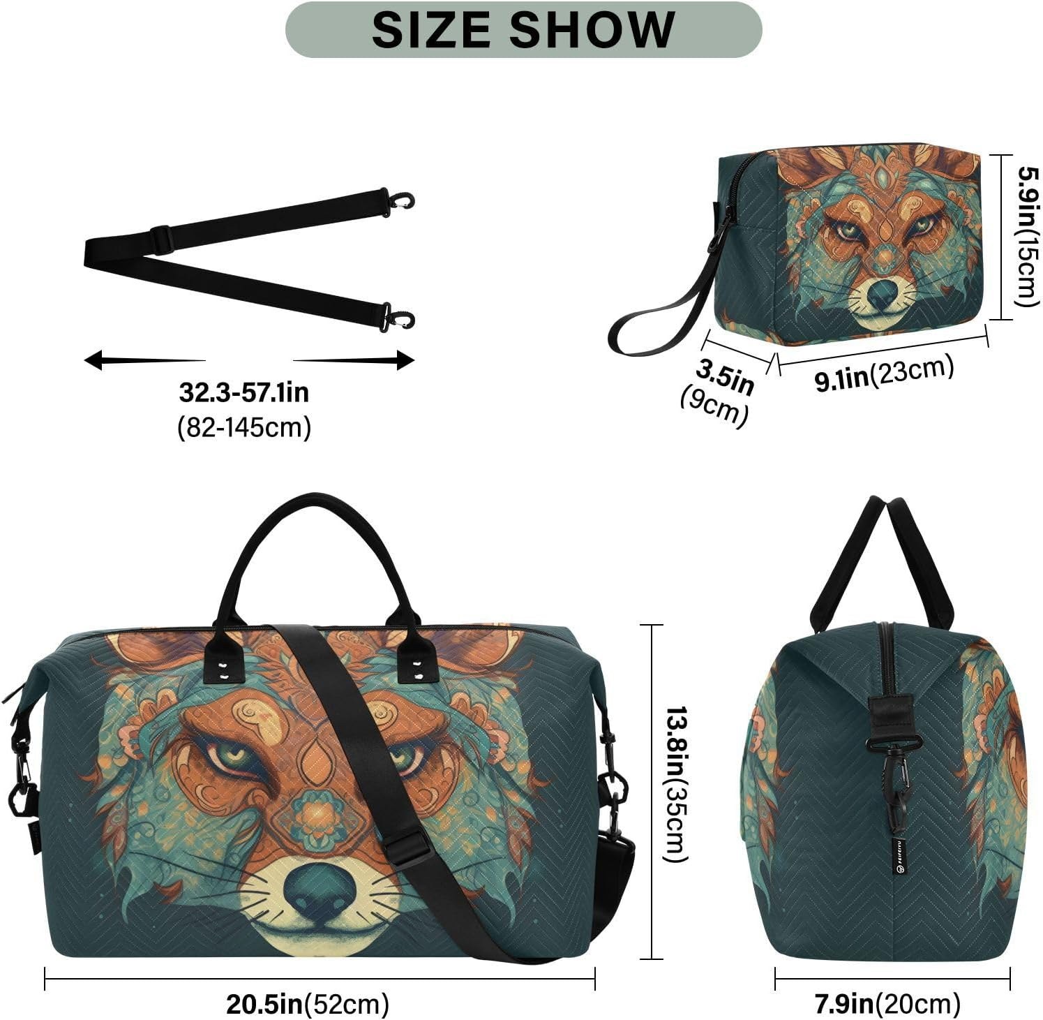 XYMZR Large Travel Duffel Bag, Boho Fox Face Sports Tote Gym Bag, Shoulder Weekender Overnight Bag for Women Men, Carry on Luggage with Toiletry Bags, Multi-Colored, Multi-Colored