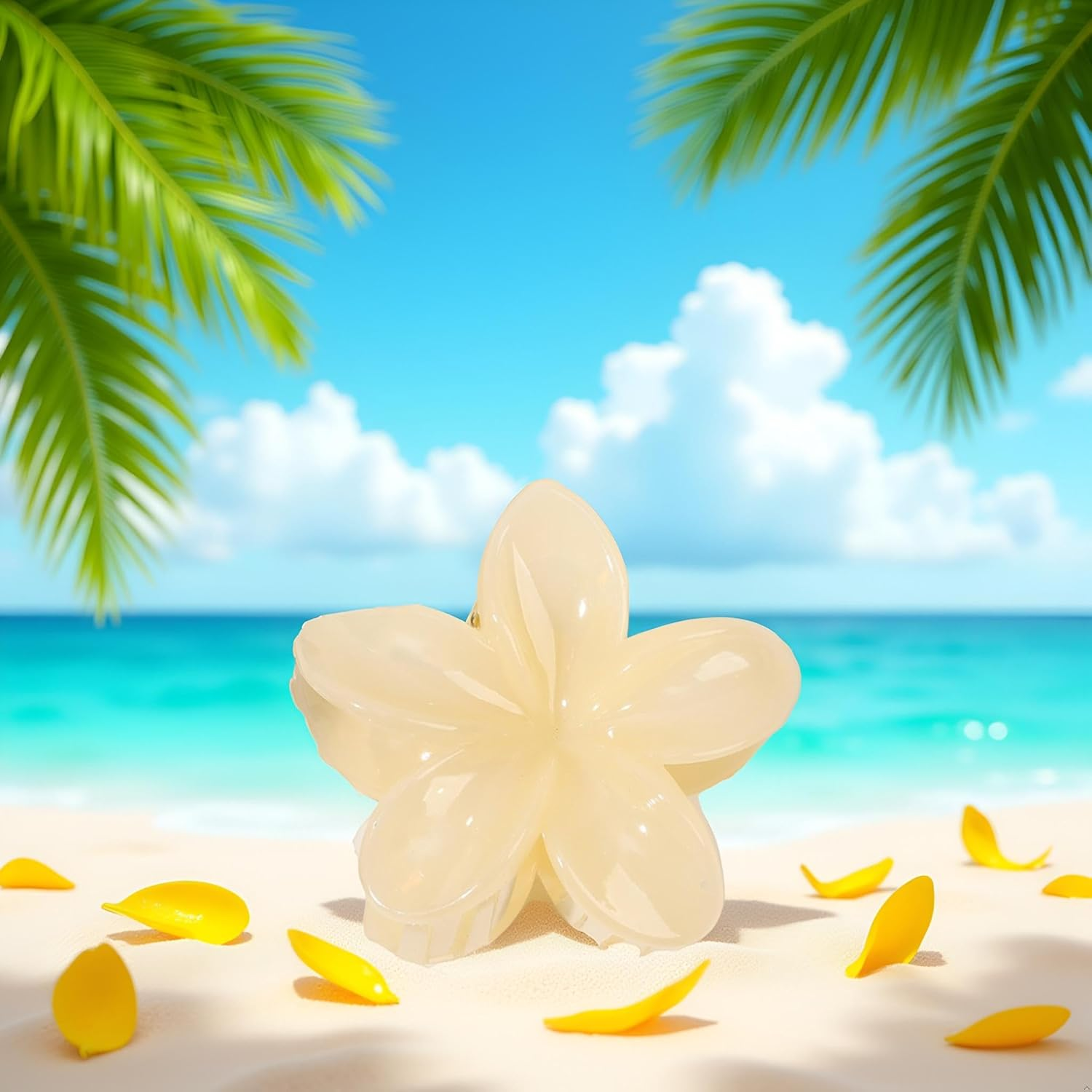 Creamy Yellow Hawaiian Flower Claw, Preppy Flower, Plumeria Clip, Hibiscus Claw for Women, Large Claws for Thick Hair, Hairs Accessories image number 4