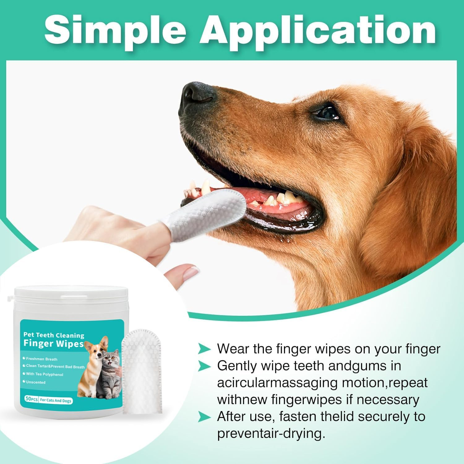 50 Pieces Pet Teeth Cleaning Finger Wipes for Cats and Dogs, Unscented, Fresh Breath