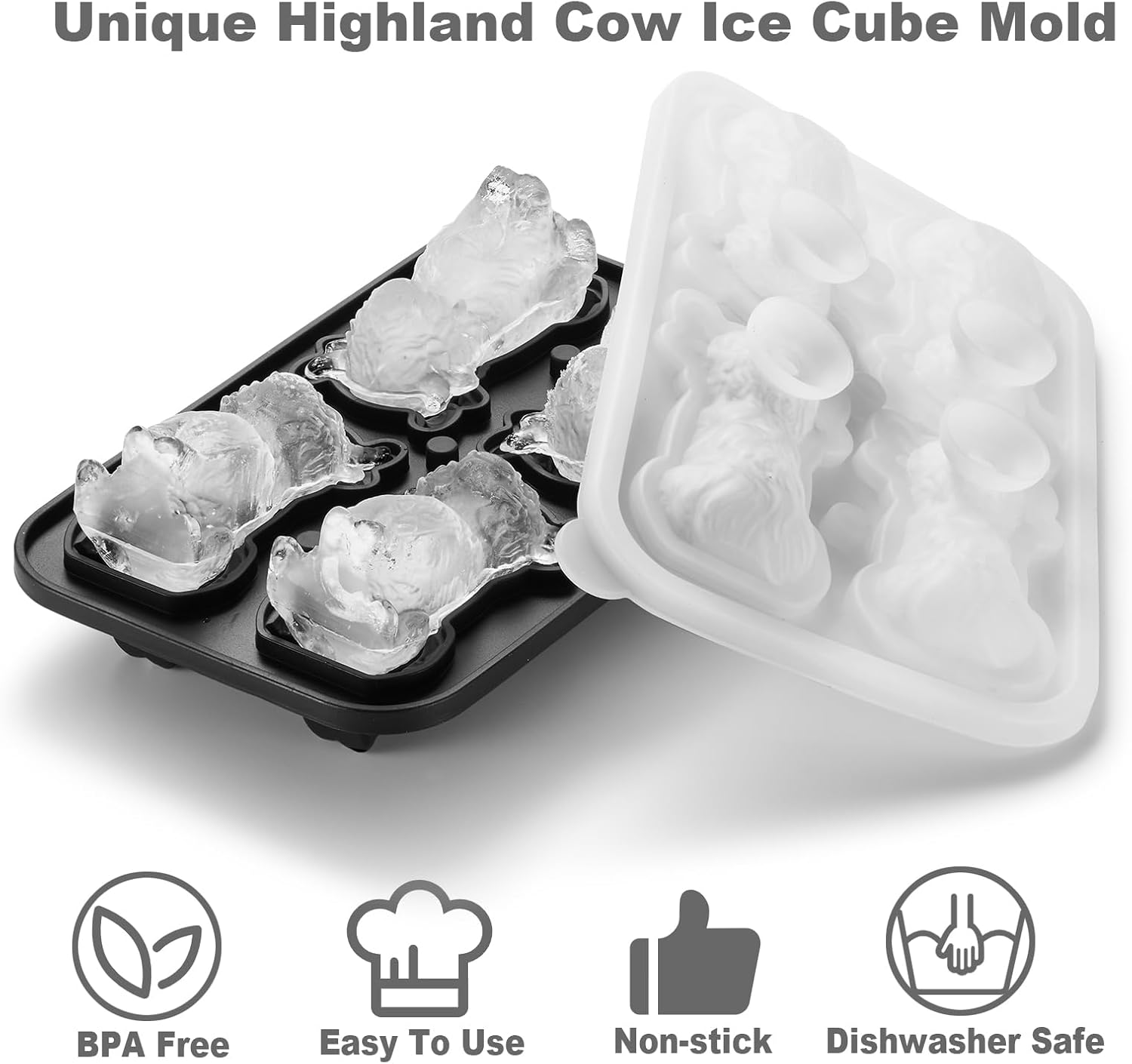 3D Highland Cow Ice Cube Tray Fun Shapes, Novelty Highland Cow Gifts, Holiday Stocking Stuffers for Men Women, Cute Highland Cattle Ice Mold for Whiskey,Cocktail,Bourbon image number 1