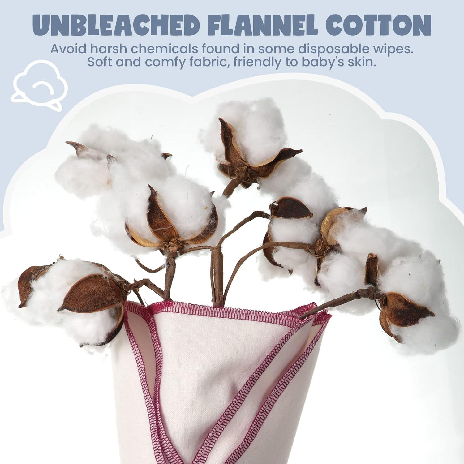 Mimorou 45 Pcs Flannel Cloth Baby Wipes - Reusable, Washable, Natural Unbleached Face Wipes - Soft and Sturdy, 5 Colors, Outer Stitching, 8 X 8 Inches, 1.0 Count image number 1