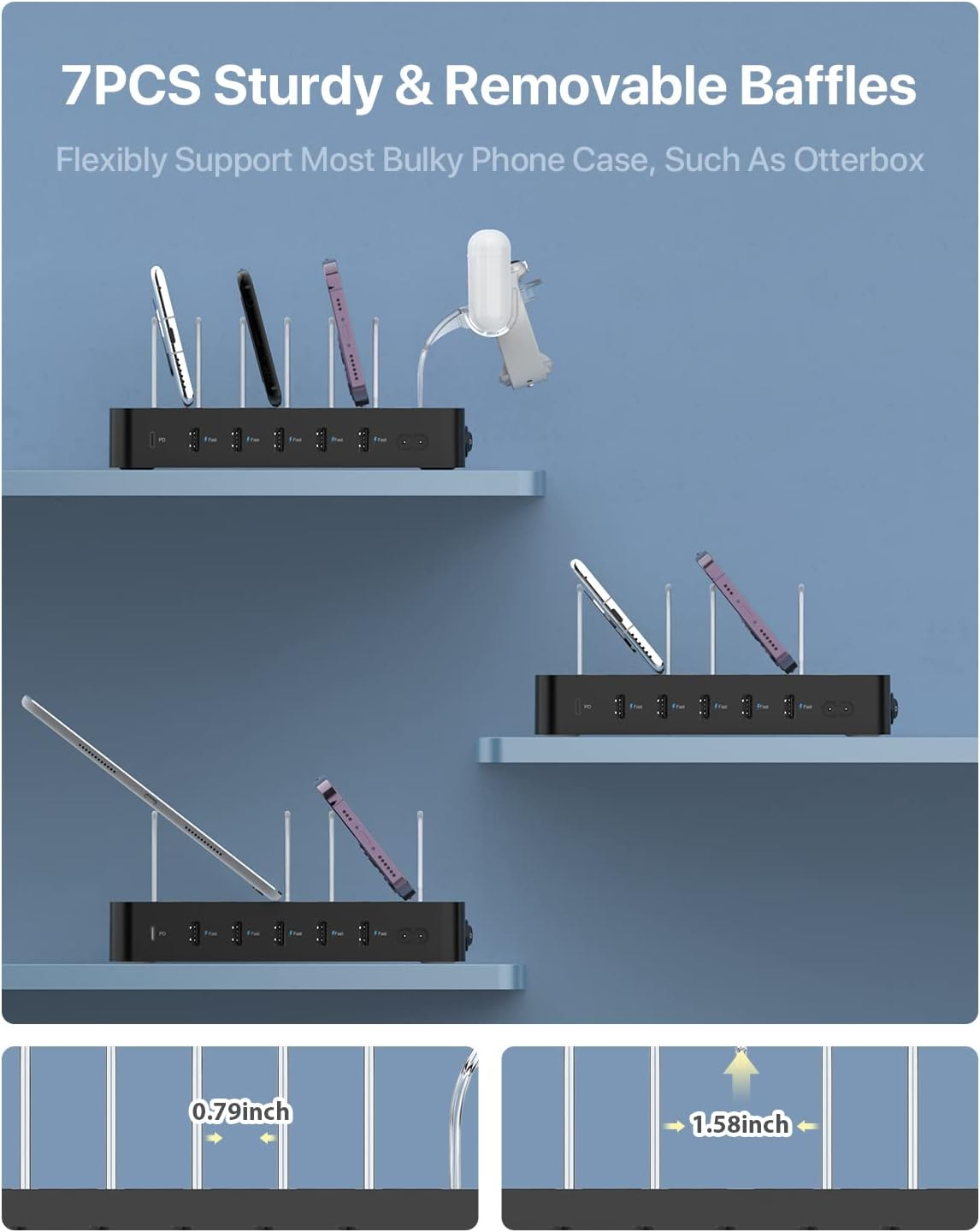 Soopii 60W 6 Port USB Charging Station for Multiple Devices, PD 20W USB C Fast Charging for Lphone 14/13/12,6 Short Cables Included, 2 in 1 Holder,For Phones,Tablets and Others - White image number 5