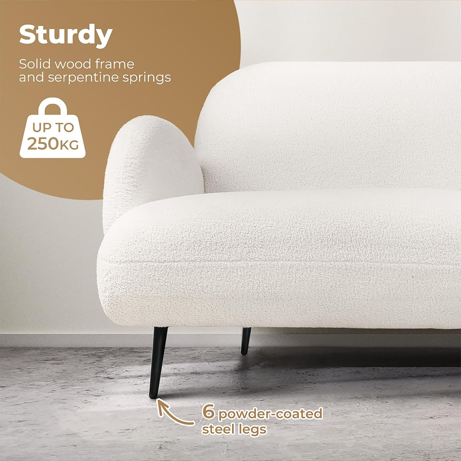 LEVEDE 3 Seater Sofa, Soft Upholstered Boucle Sherpa Fabric Loveseat Sofa Couch, Comfy Recliner Sofa Lounge, Spare Bed for Guest Room, Living Room, Office, Studio, Load up to 250Kg (188Cm, White) image number 5