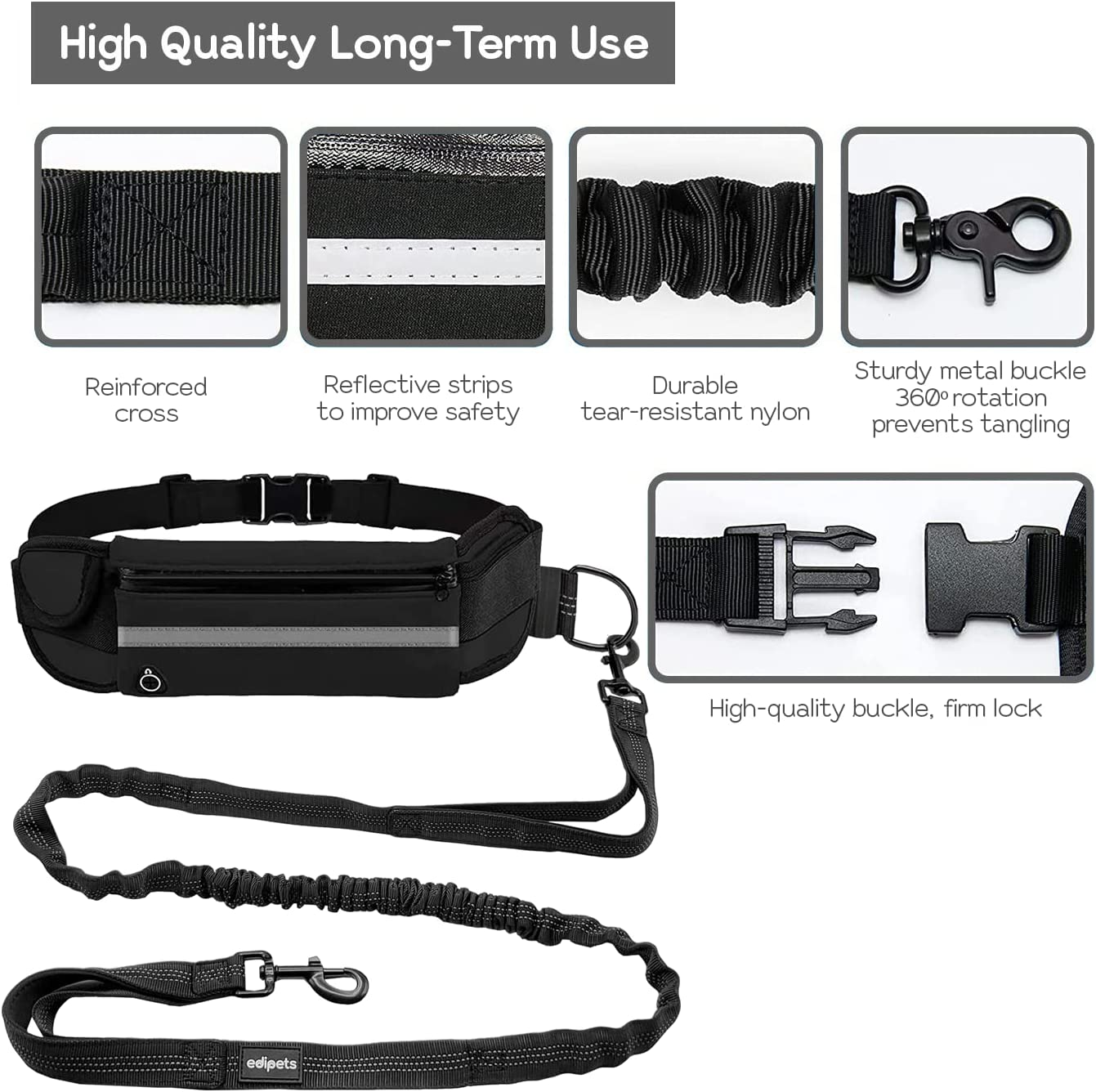 Edipets, Jogging Lead Dogs, Hands-Free, Running, Hiking, Webbing, Anti-Stress, Reflective, 160-220 Cm (Black) image number 1