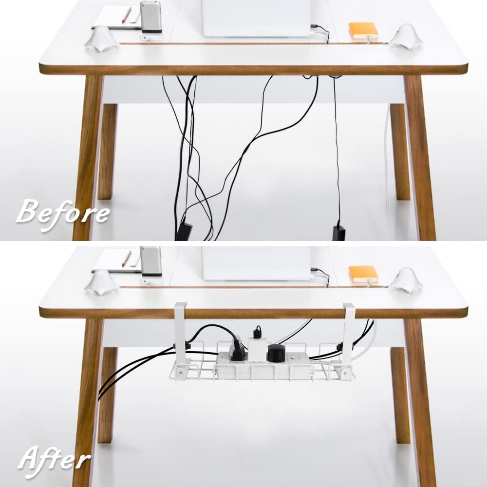 Under Desk Cable Management Tray Clamp Mounted 2 Packs, 40Cm No Drill Organizer for Stackable Handle Metal Holder for Office Kitchen PC Home to Cover and Hide Power Strips (White) image number 1