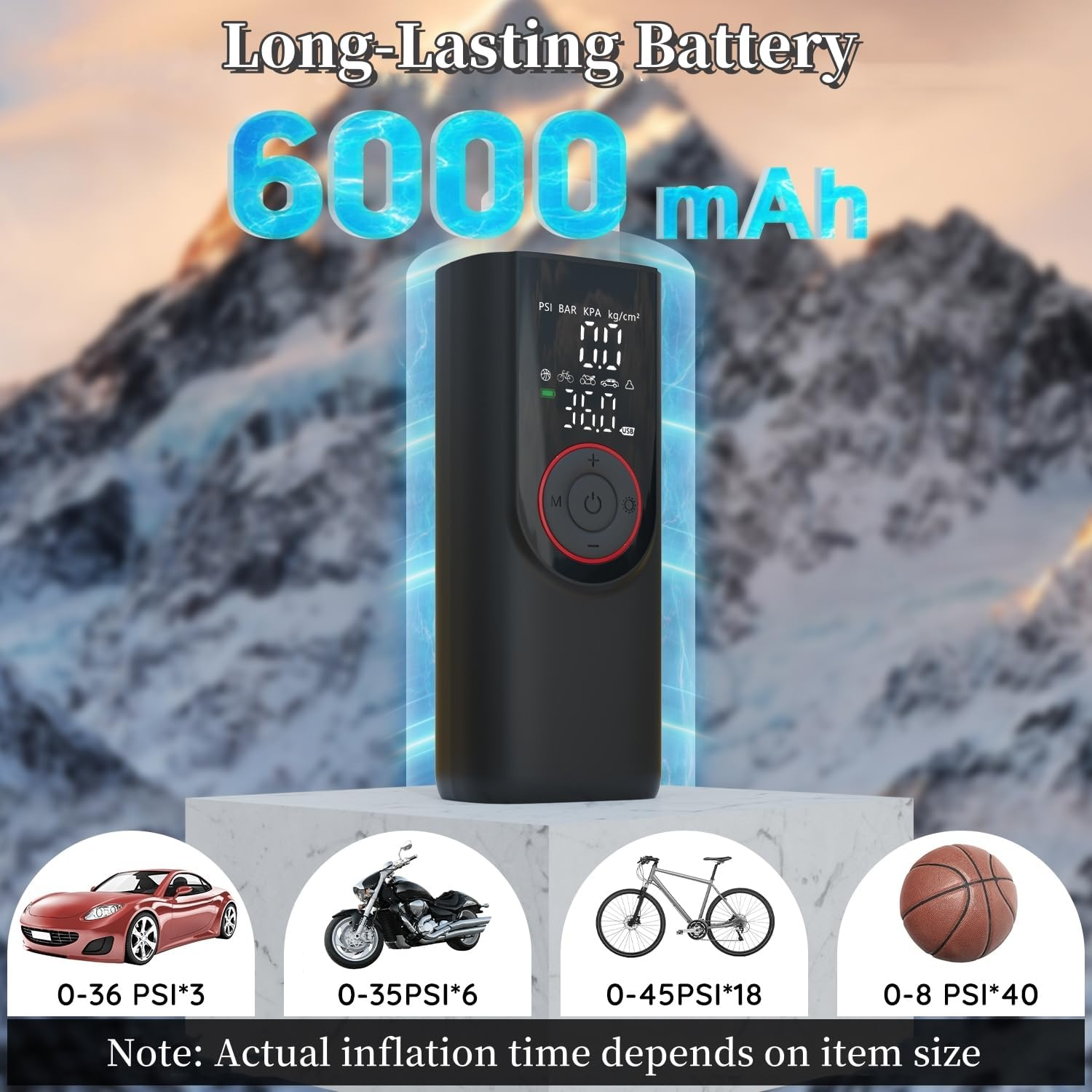 Tyre Inflator Portable Air Compressor, 150PSI 6000Mah Electric Cordless Air Pump with Pressure LCD Digital Pressure Gauge & LED Light, Auto Tyre Pump for Car, Motorcycle, Bike, Ball image number 4