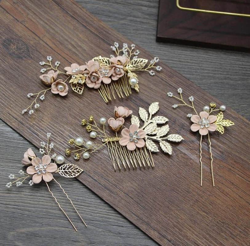 KOMUNJ Set of 4 Hair Comb Wedding Bridal Hair Accessories Wedding Hair Comb Pearl Flower Bridal Hair Accessories Rhinestone for the Bride Bridesmaid - Pink Flower image number 1