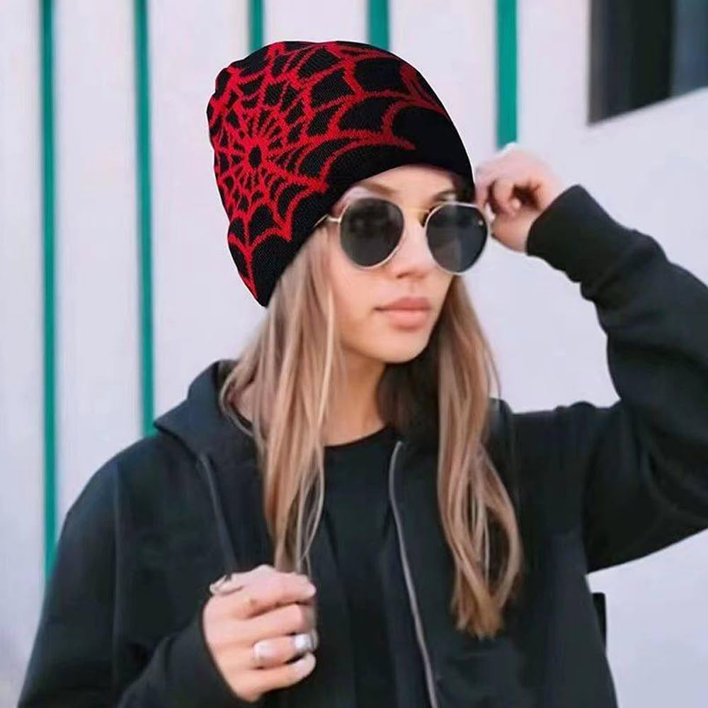 Arcimatto Y2K Spider Beanie Hat Wool Acrylic Knit Skull Cap Winter Warm Streetwear MEA Design Hats for Women Man Teenagers - Black Grey image number 5