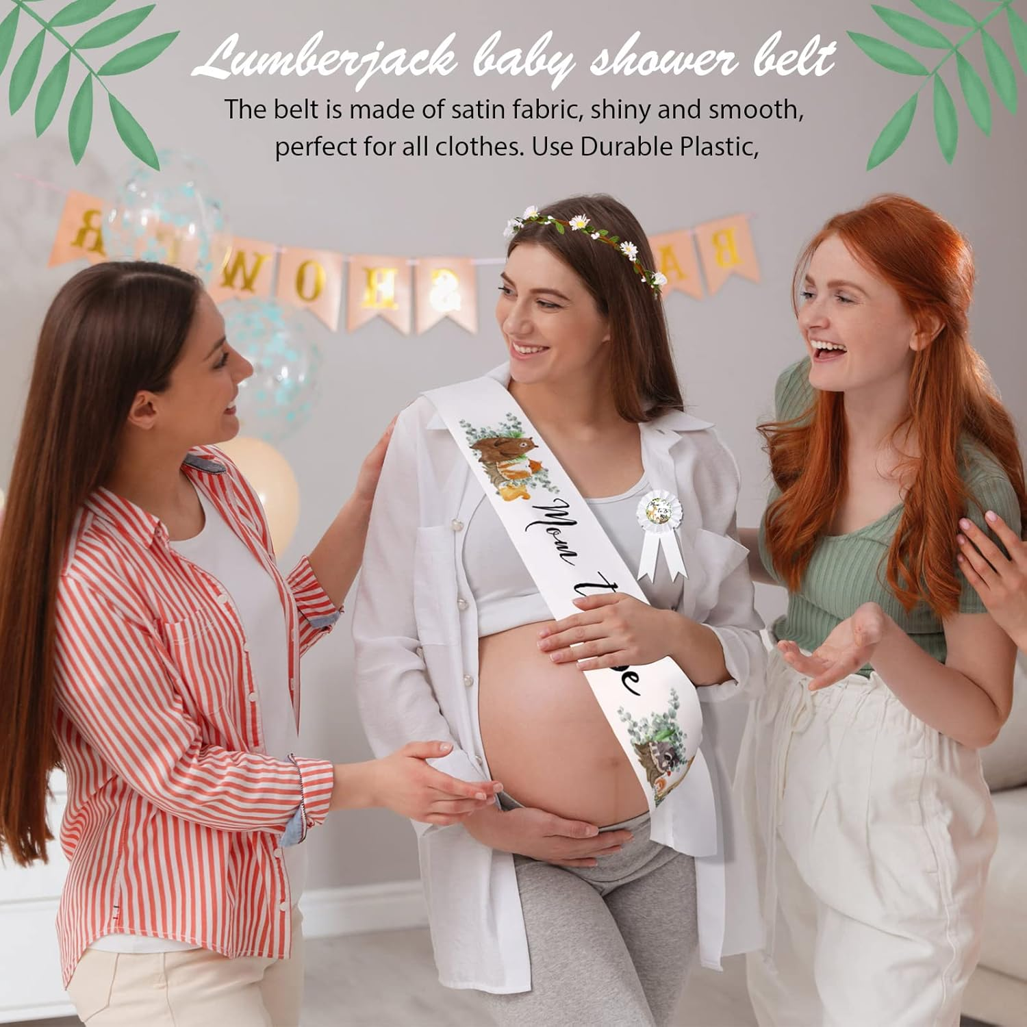 Xinnun 4-Piece Woodland Animal Themed Mom to Be Sash Kit with Sage Green Leaf Flowers Crown, Dad & Mom Badges for Baby Shower Party Favors & Gender Reveal - Pink,Sage image number 7