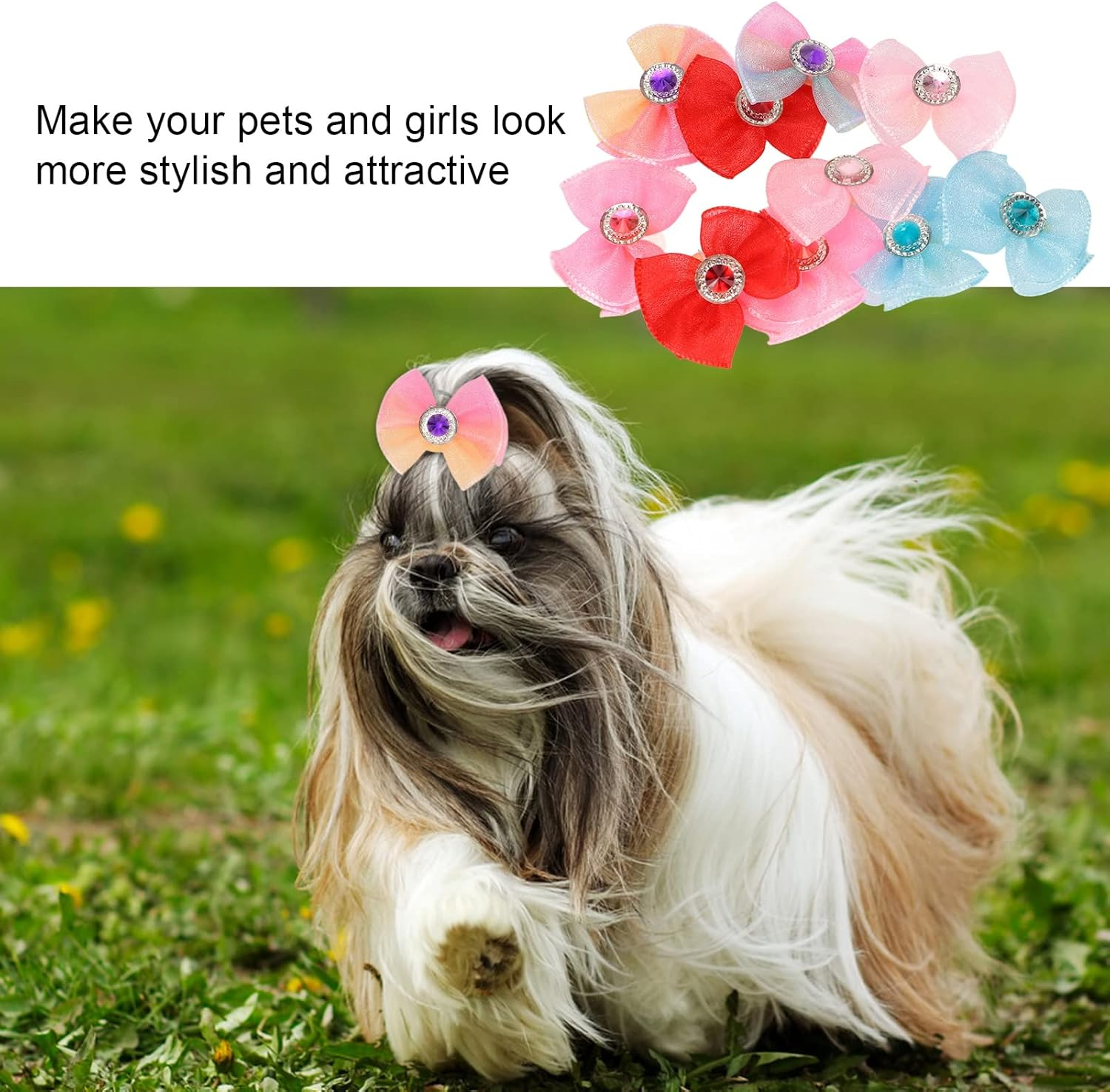 20Pcs Dog Bows, 10 Pairs Yorkie Dog Puppy Hair Bows with Rubber Bands, Elastic Multicolor Rhinestone Beads Cute Pet Small Dog Hair Bowknot Grooming Accessories for Dogs image number 4