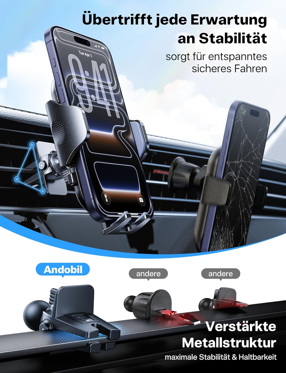 Andobil Car Phone Holder, [Ultra Stable] Hands Free Phone Mount for Dashboard, Windscreen, Air Vent, Desk, Universal Phone Stand Compatible with Iphone 12, 11, XR, XS, SE, Samsung Galaxy S20, Note 22 image number 5