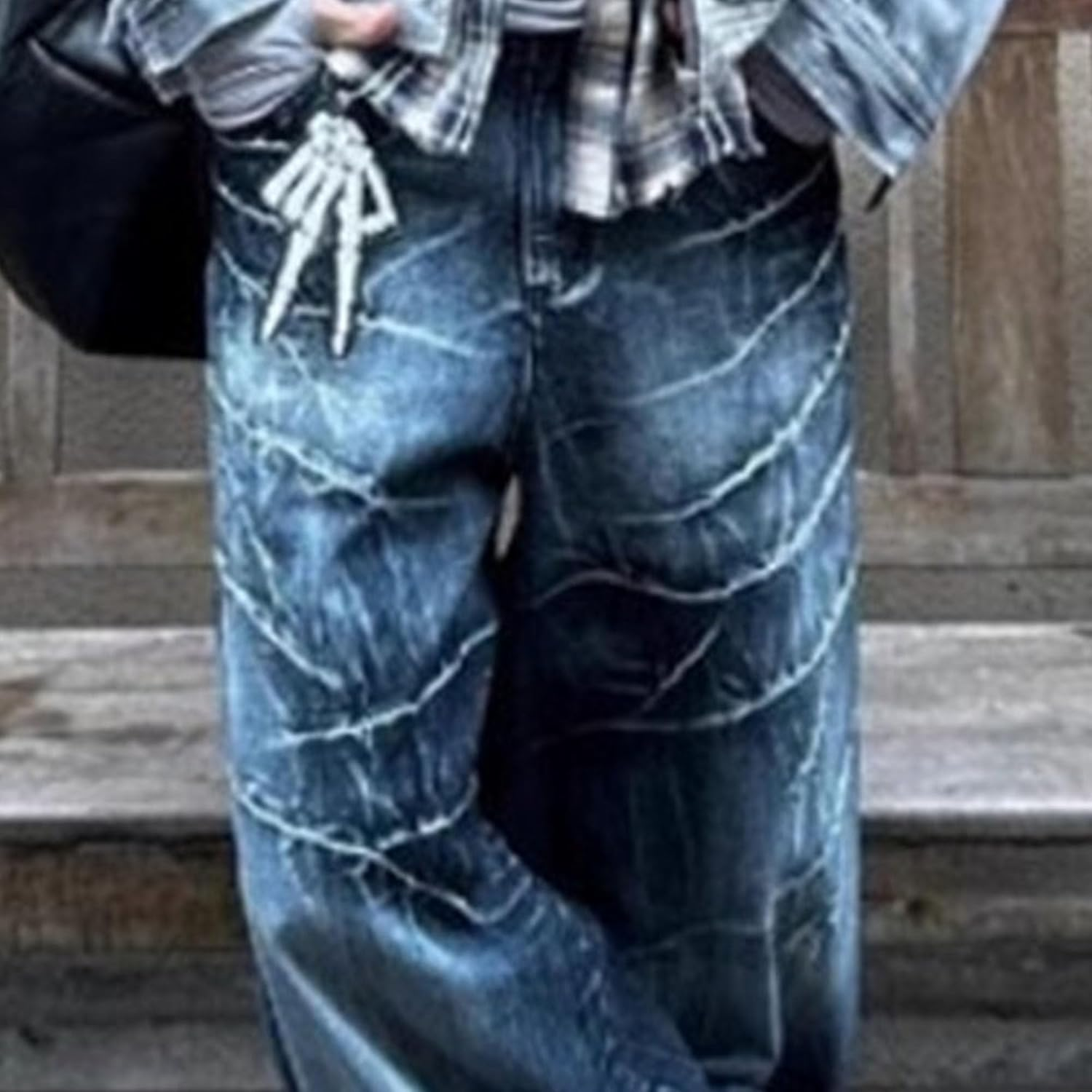 Zylphorix Men Washed Old Wide Leg Jeans Loose Crack Straight Denim Pants Y2K High Street Casual Fashion Trousers, Blue, X-Large image number 4