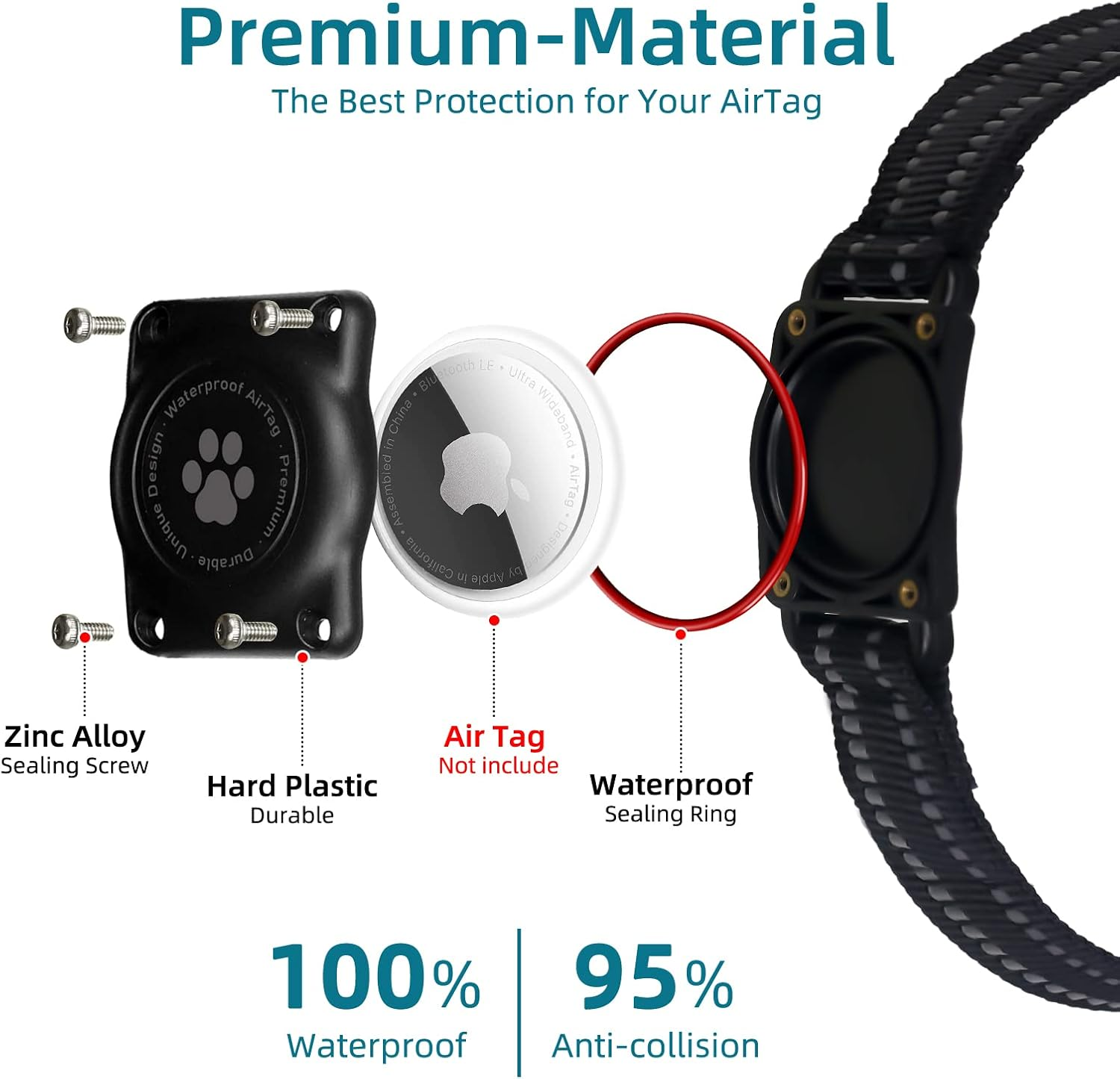 Airtag Dog Collar, 100% Waterproof Integrated Apple Air Tag Dog Collars, Reflective GPS Dog Collar with Hard PC Airtag Holder Case for Small Medium Large Dog (Black)