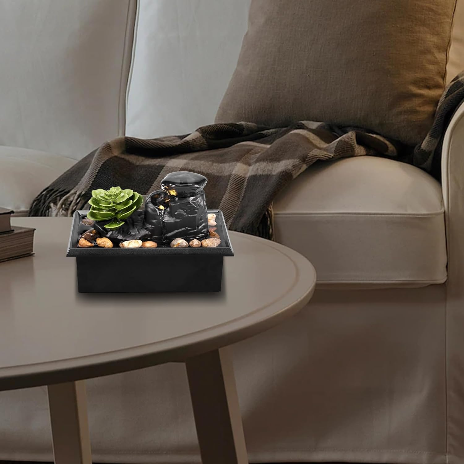 Tabletop Fountain with Light - Battery/Usb Operated Mini Indoor Water Feature for Sound Relaxation - Portable Waterfall Ornament for Table, Office, Home, Bedroom (B)