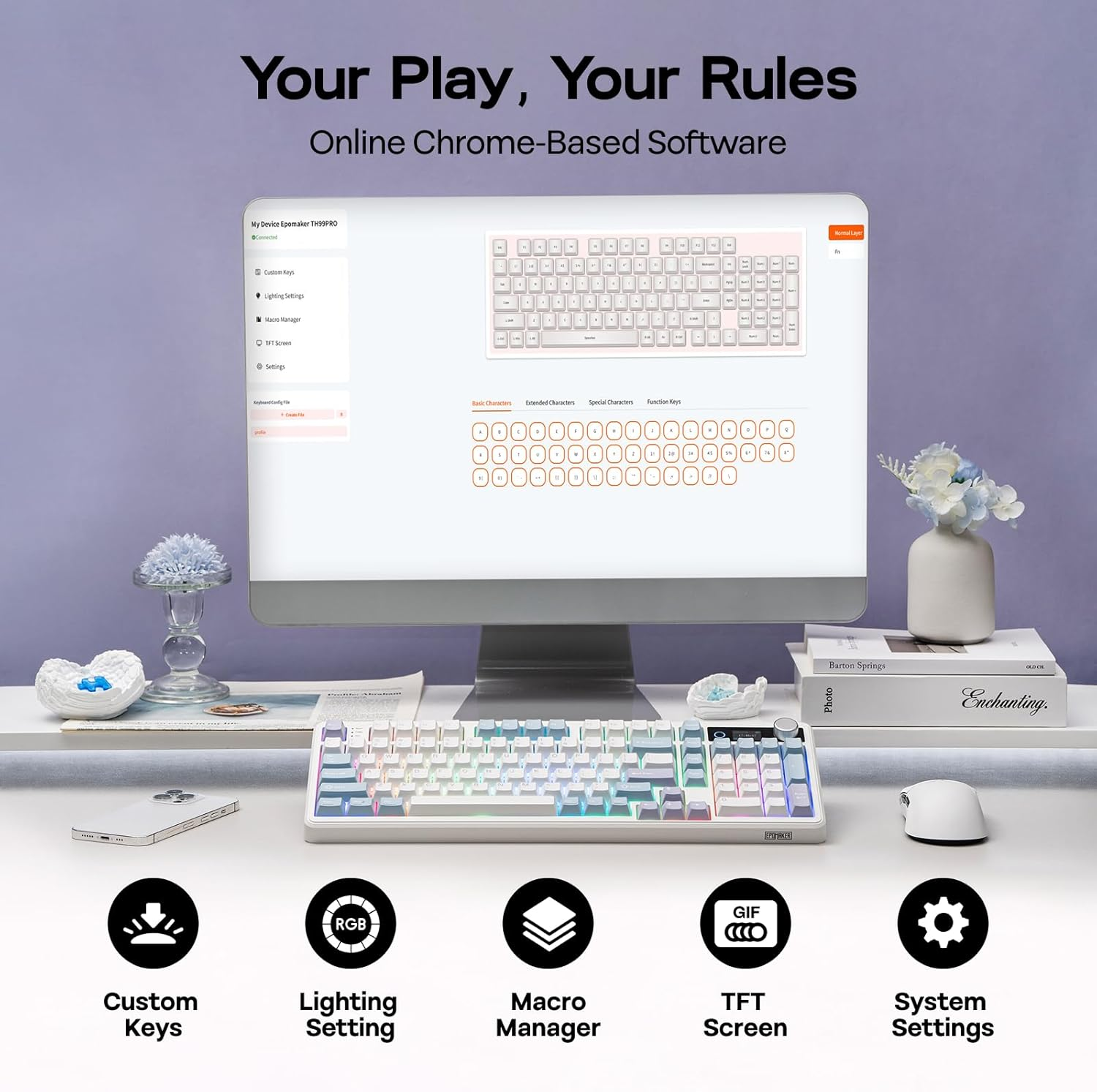 EPOMAKER TH99 PRO 96% Mechanical Keyboard with Screen & Knob, 10000Mah, 2.4Ghz/Bt, Hot Swap, Custom Driver, RGB Backlight, PBT Keycap, Wireless Gaming Keyboard for Pc/Mac (Blue&White, Sea Salt Silent) image number 4