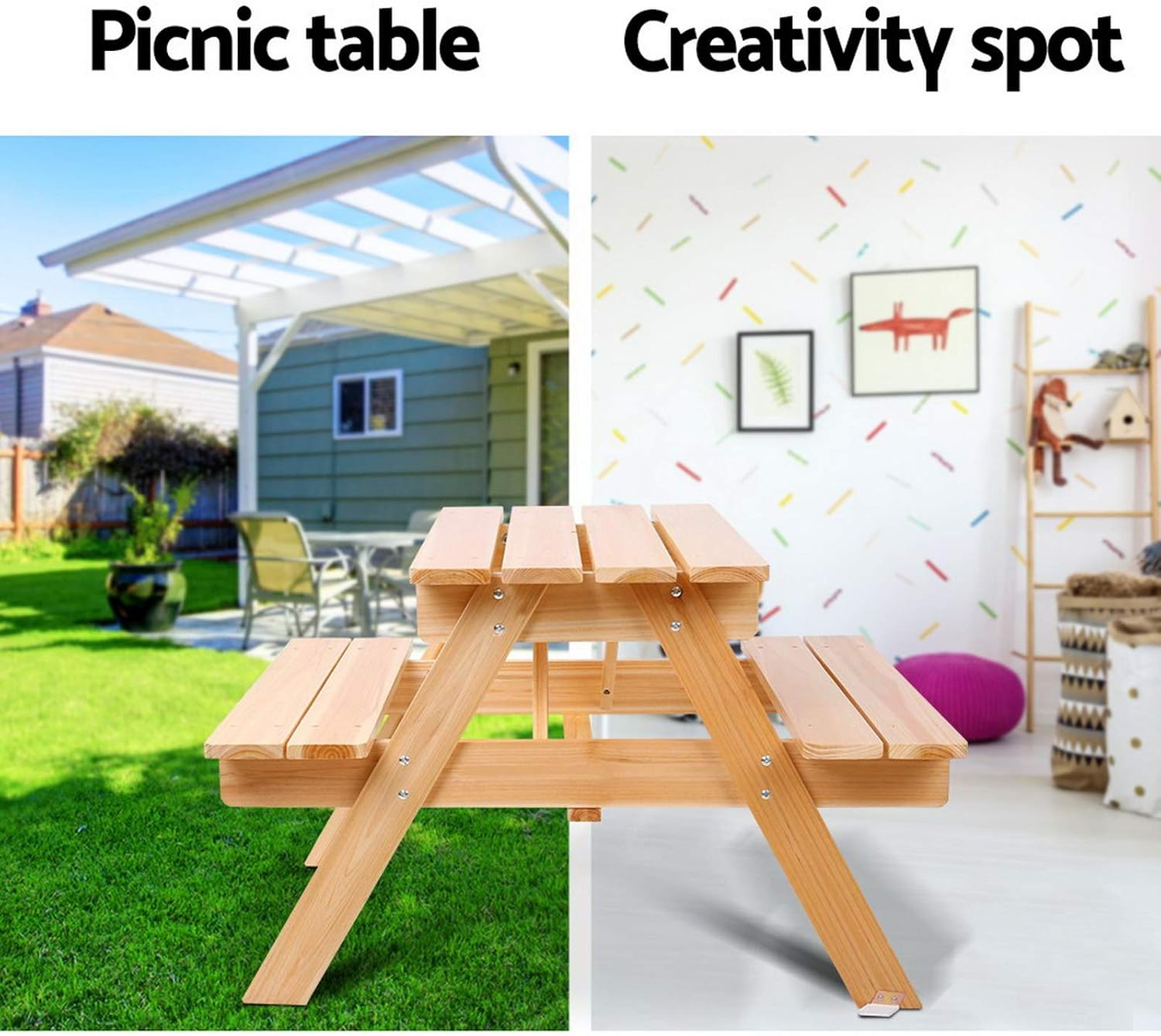 Keezi Kids Table and Chairs, 75 X 40 54Cm Outdoor Lounge Setting Picnic Tables Garden Benches Seat Indoor Furniture Camping Beach Patio Pool Children Play Equipment, Sturdy Durable Wood image number 6