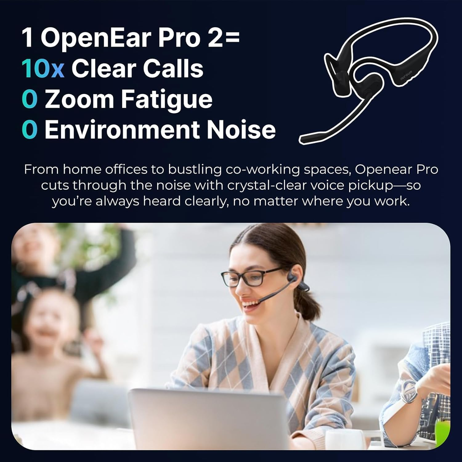Nuroum Openear Pro 2 Headphones with Mic, Bluetooth Noise Cancelling Microphone, Multi-Point Connection, Sweatproof Wireless Headset for Work, 15H Comfort for Office/Home