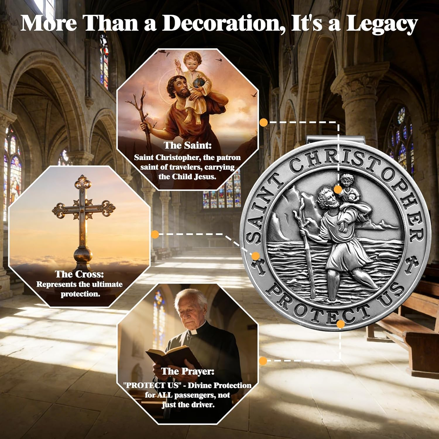 Ploreway St. Christopher Medal for Car, Metal Saint Christopher Visor Clip, Talisman for Safety, Automotive Visor Accessories, Gift for Drivers, Families, Friends image number 5
