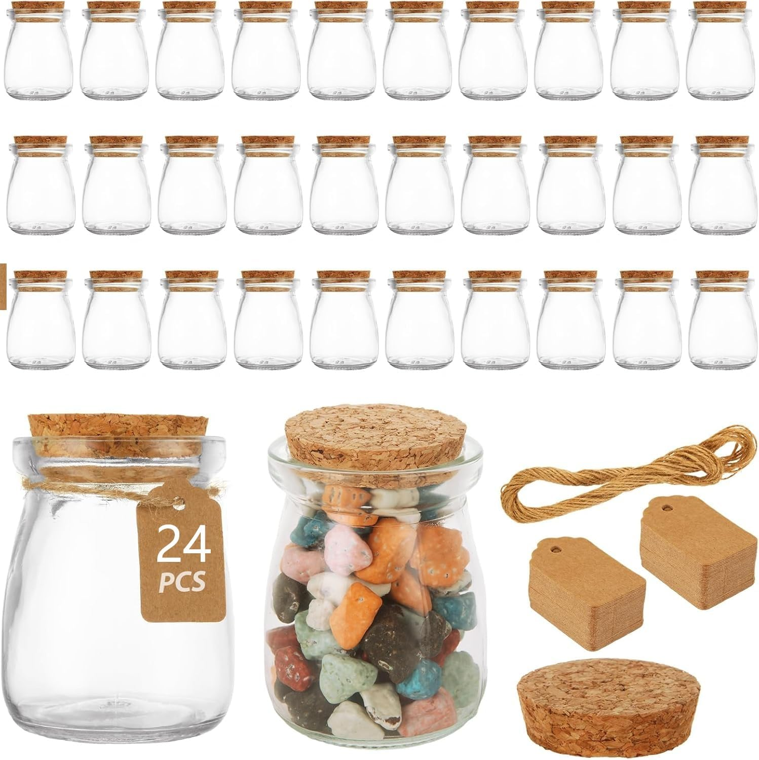 24 Pack Mini Yogurt Jars with Cork Lids, 4 Oz/120Ml Glass Favor Jars, Mini Pudding Jar, Mason Candle Bath Salt Jar, Wedding Favors Honey Pot, Extra Twine, Labels and Cleaning Brush image number 1