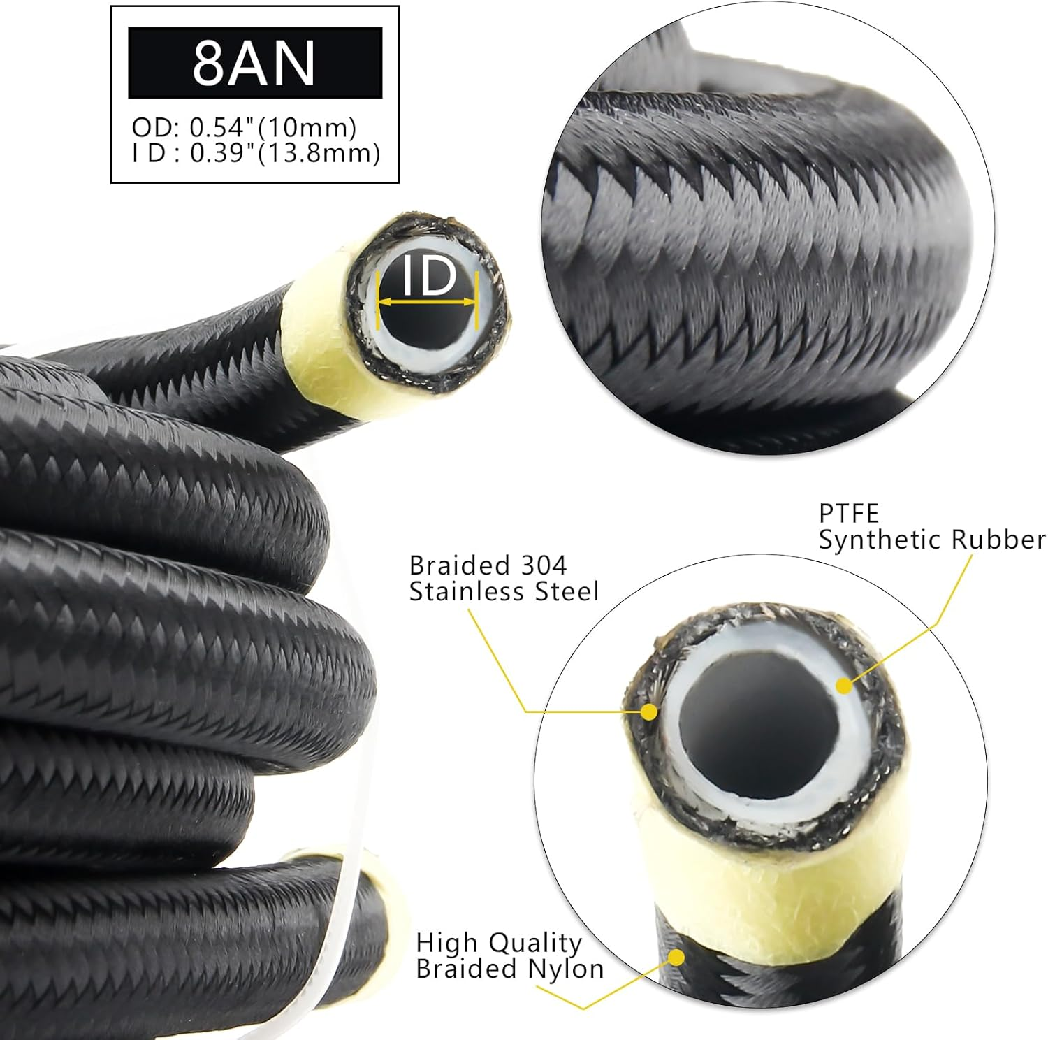 8AN PTFE Fuel Line Kit, 13/32" Nylon Stainless Steel Braided, LS Swap EFI E85 Injection Fuel Hose Fitting AN8 26FT image number 2