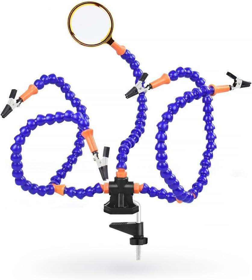 Solder Helping Hands with Magnifying Glass Station Soldering Third Hand Tool 5Pcs of Flexible Arms Clamp Swivel Holder image number 1