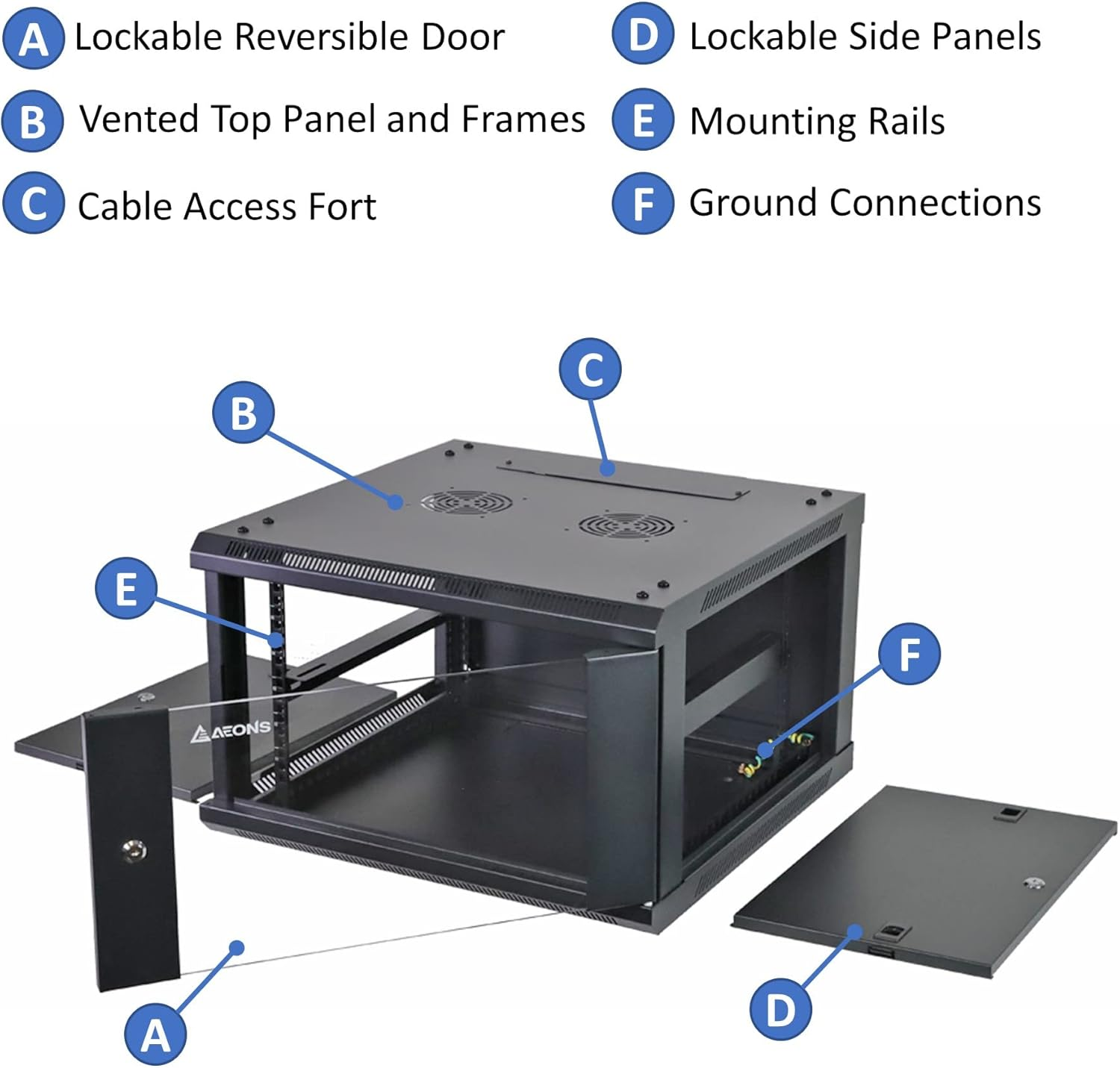 AEONS Professional Wall Mount IT Cabinet Enclosure 19-Inch Server Network Rack with Vented Door (6U-18In Depth, Glass Door)